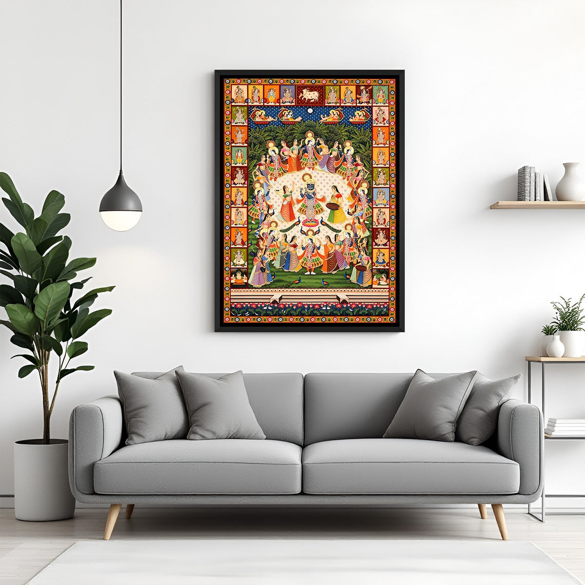 Radha Krishna Raas Leela Pichwai painting black floater frame wall art for living room decor