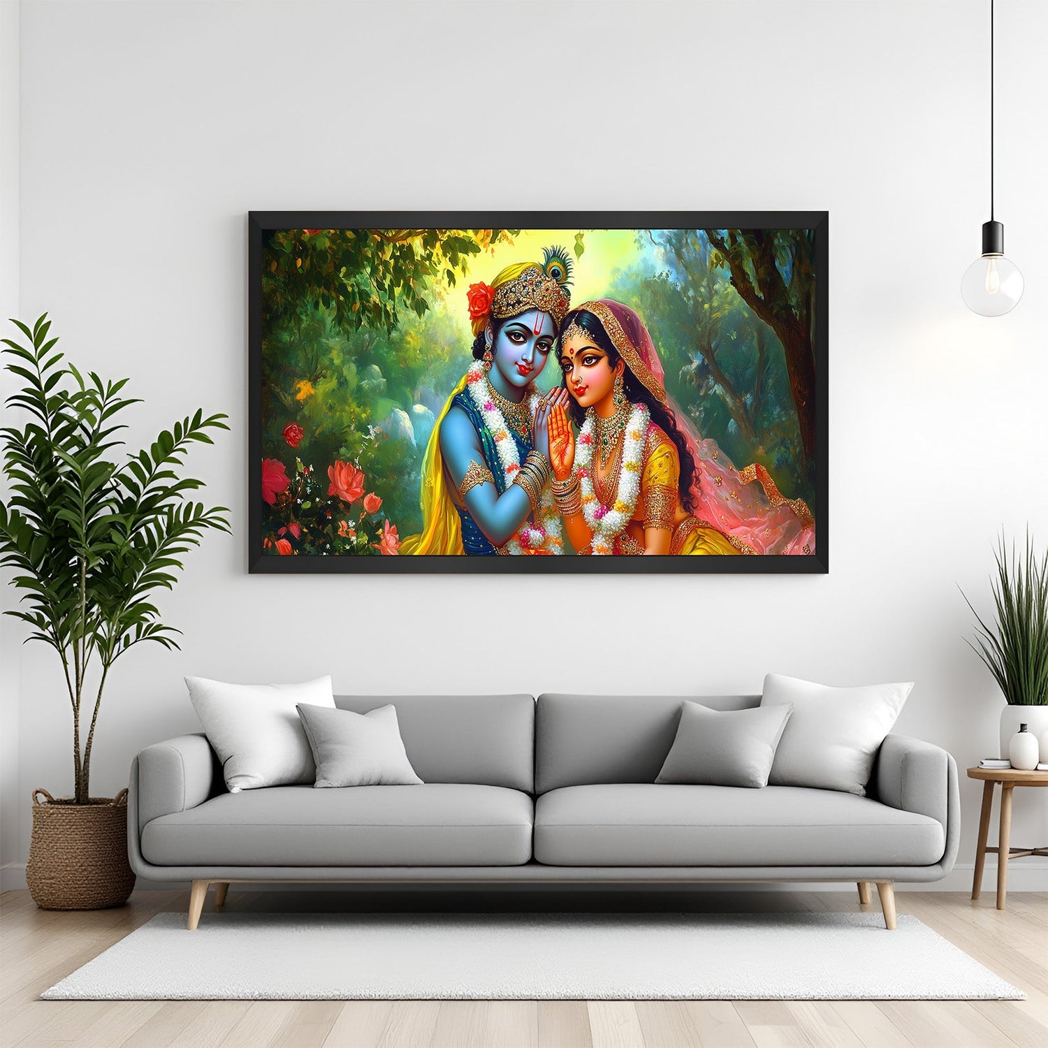 Black floater frame Divine Radha Krishna canvas painting promoting harmony and devotion for spiritual home decoration