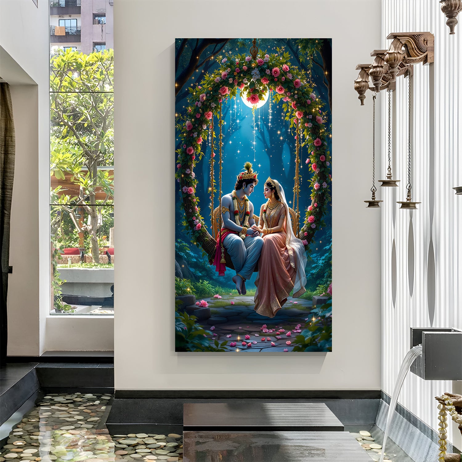 Radha Krishna on swing unframed canvas art - divine Hindu couple romantic wall decor