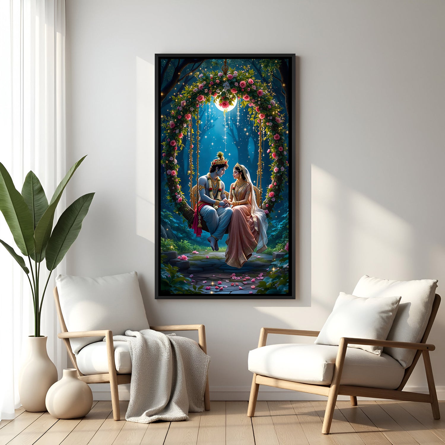 Gold framed Radha Krishna swing painting - luxurious spiritual couple artwork