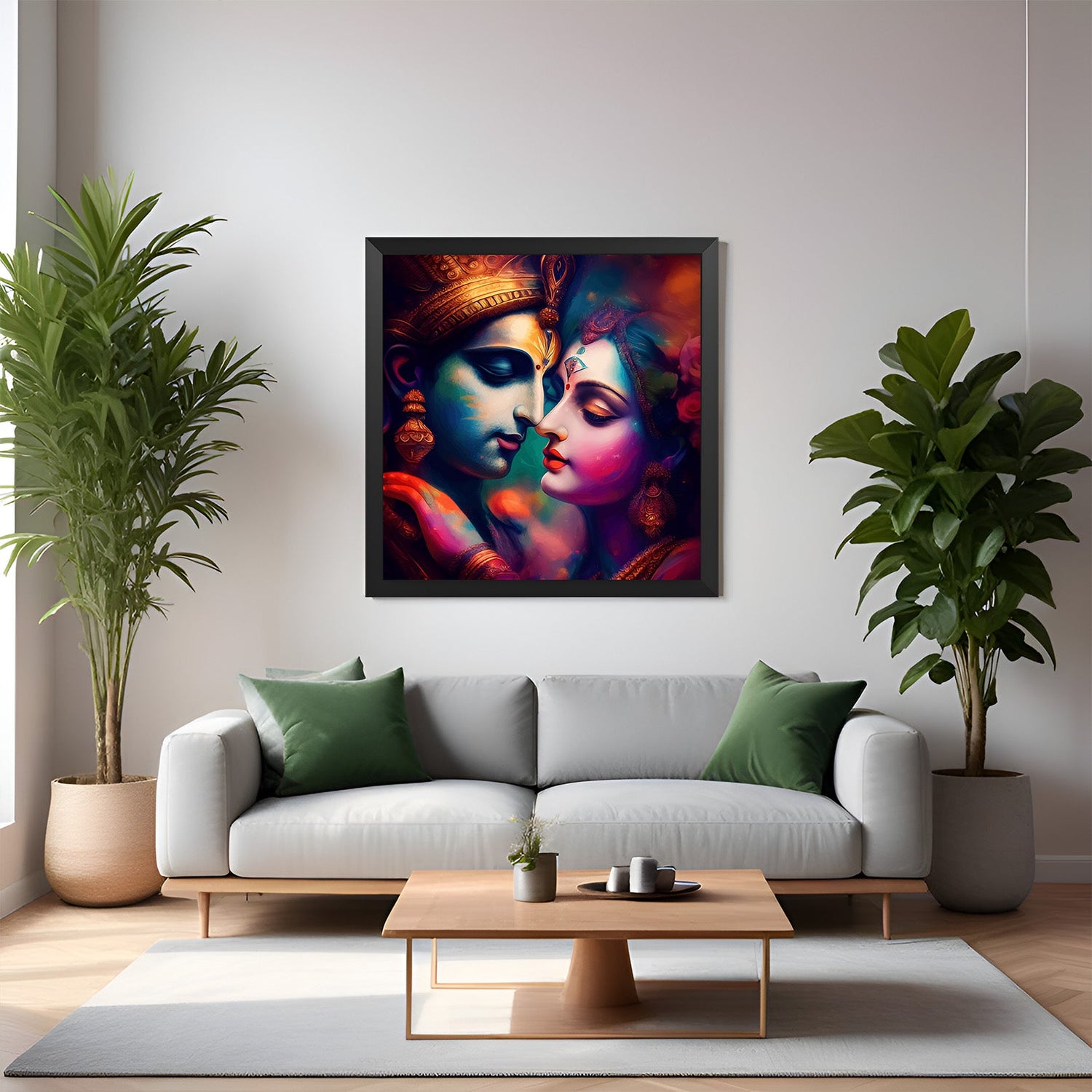 Radha Krishna Canvas Painting in black floater frame for couple bedroom wall decor and Vastu harmony