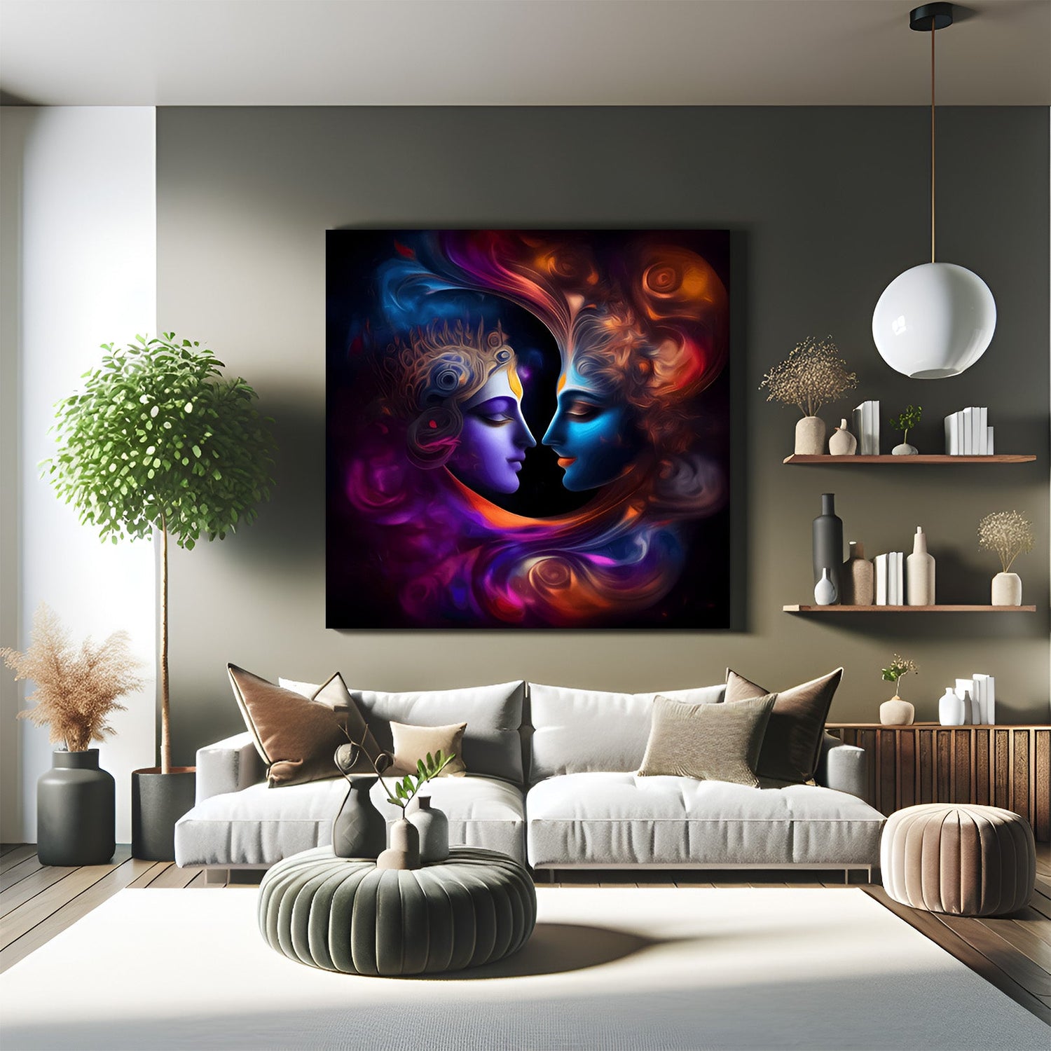 Radha Krishna Vastu Canvas Painting for new couple bedroom wall decor, symbolizing divine love, harmony, and spiritual peace