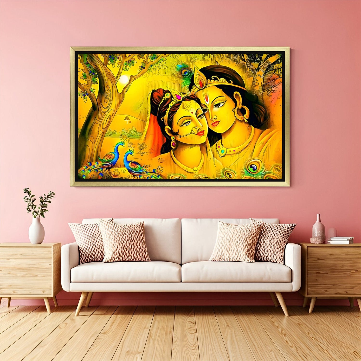 golden frame vastu canvas painting of radha krishna to enhance harmony and spiritual atmosphere in home or pooja room