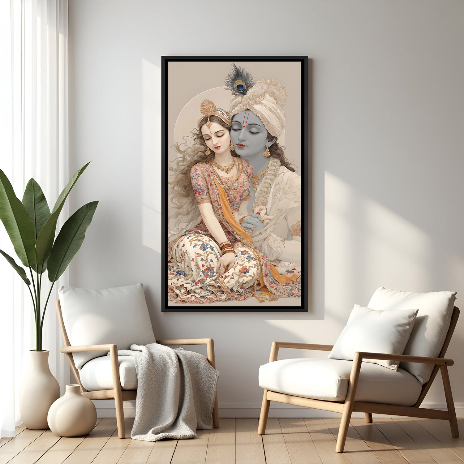 Framed Radha Krishna devotional wall art for hallway or entryway.