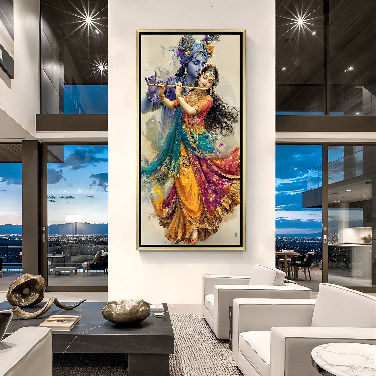 Elegant Radha Krishna dancing wall decor in gold frame for pooja or hallway.