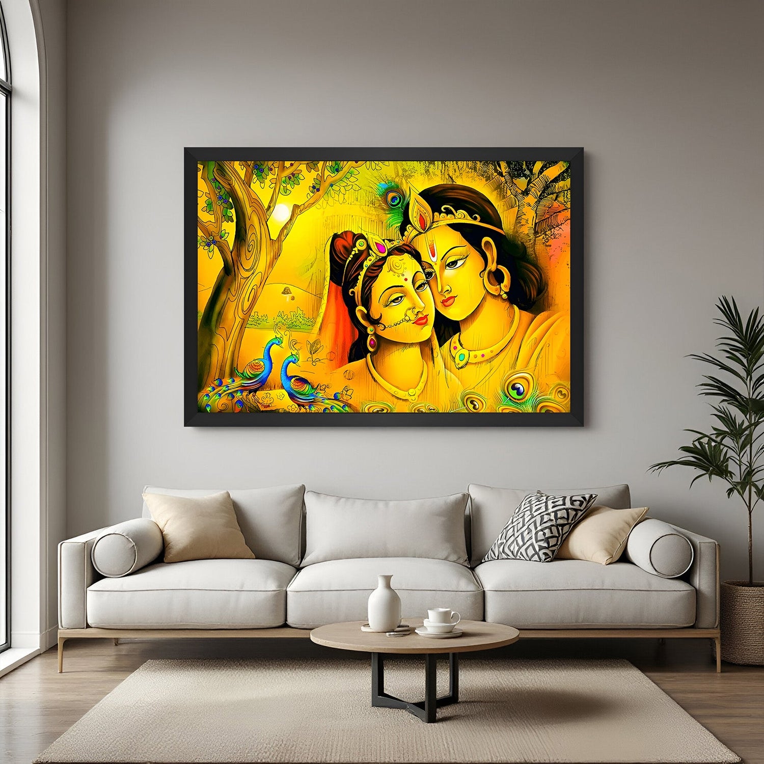 vastu canvas wall art of radha krishna in black floater frame to attract peace love and divine energy into vastu-compliant interiors