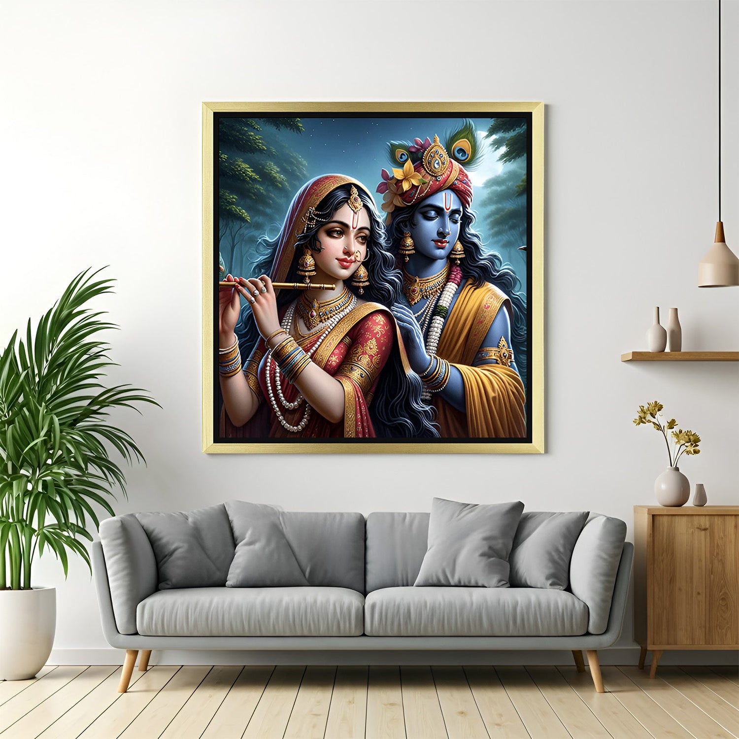 Radha Krishna Wall Art in golden floater frame for Vastu-based home decor, divine love, and sacred ambiance