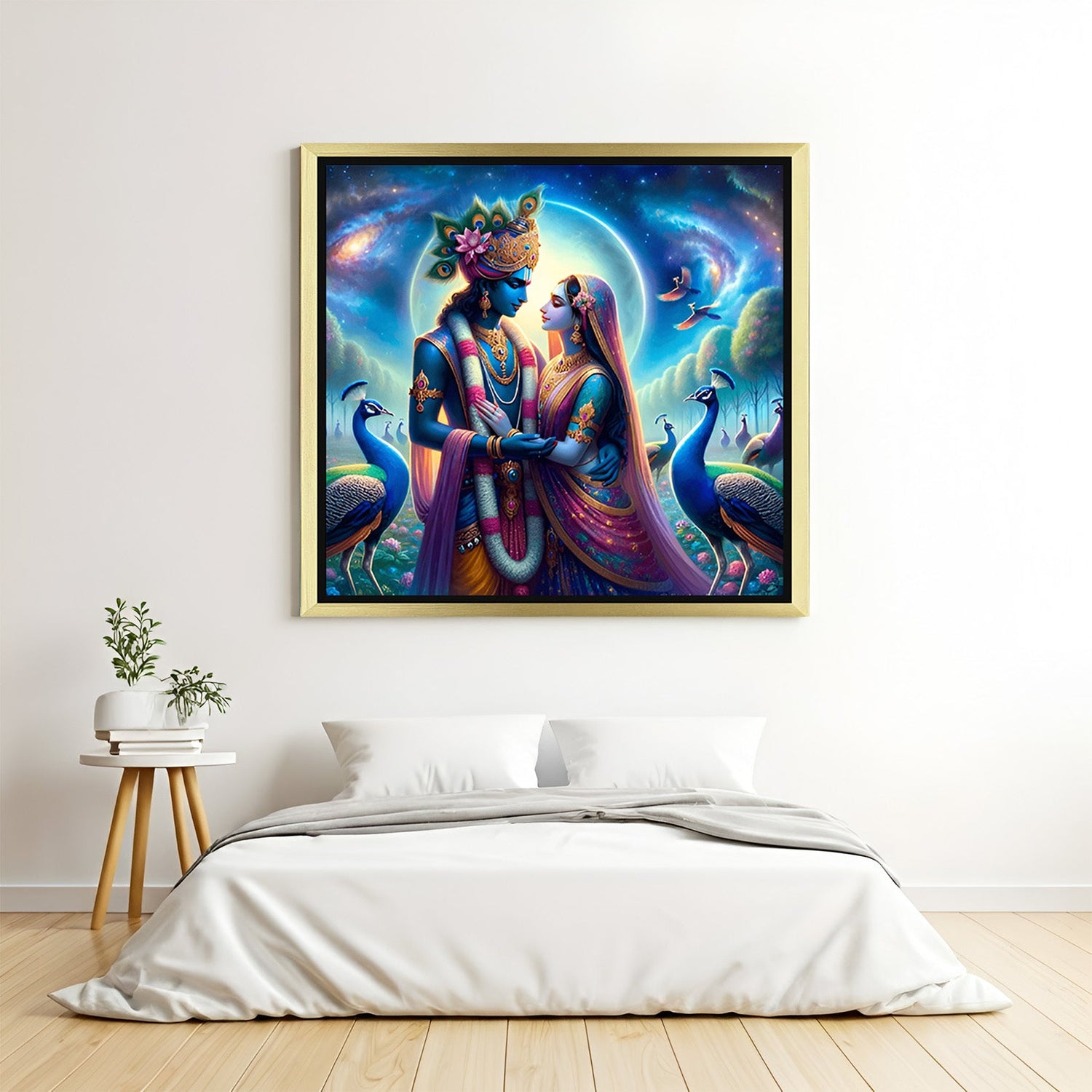 Divine Krishna Radha artwork with golden floater frame for pooja room and elegant wall decoration