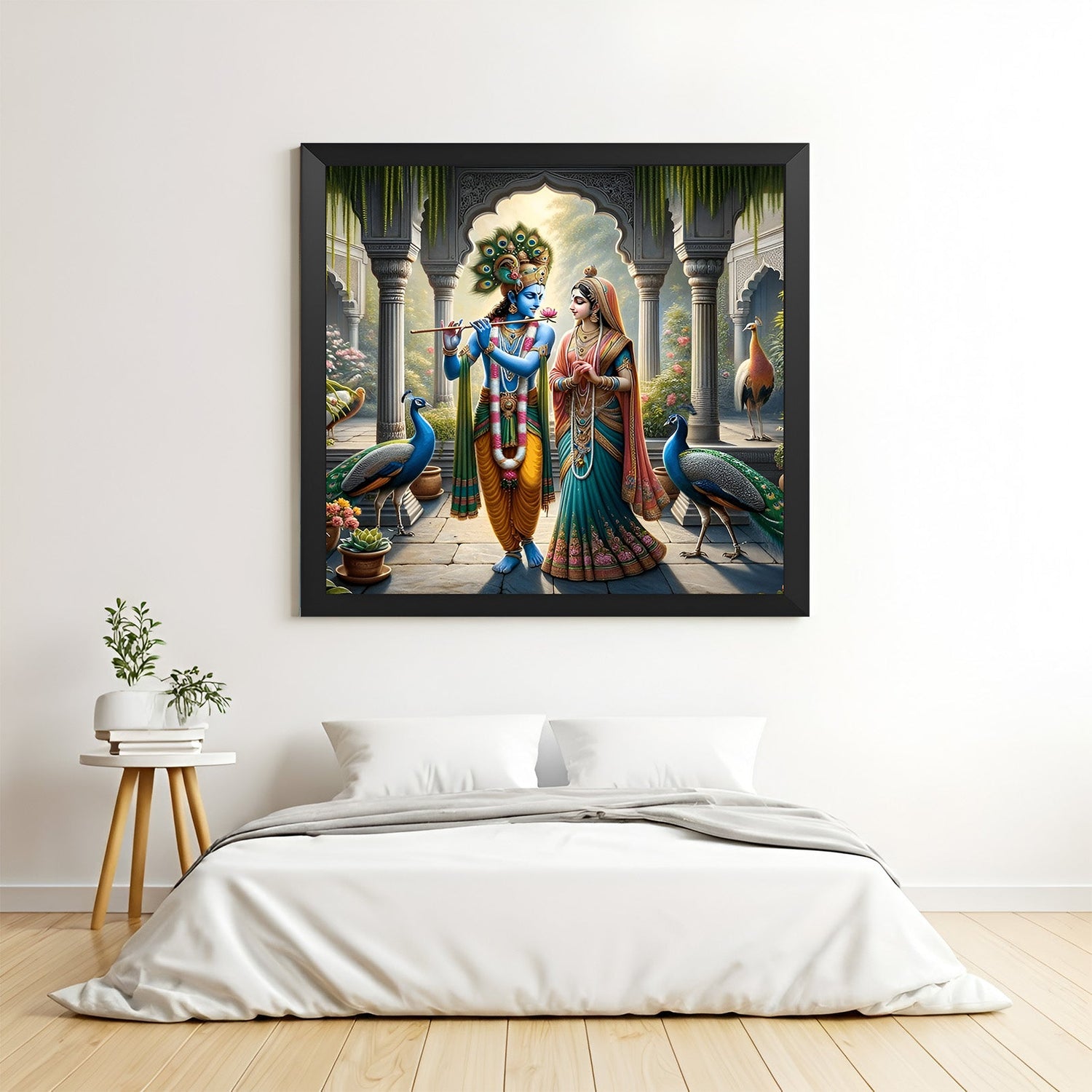 Radha Krishna wall painting with black floater frame for bedroom decor and Vastu peace