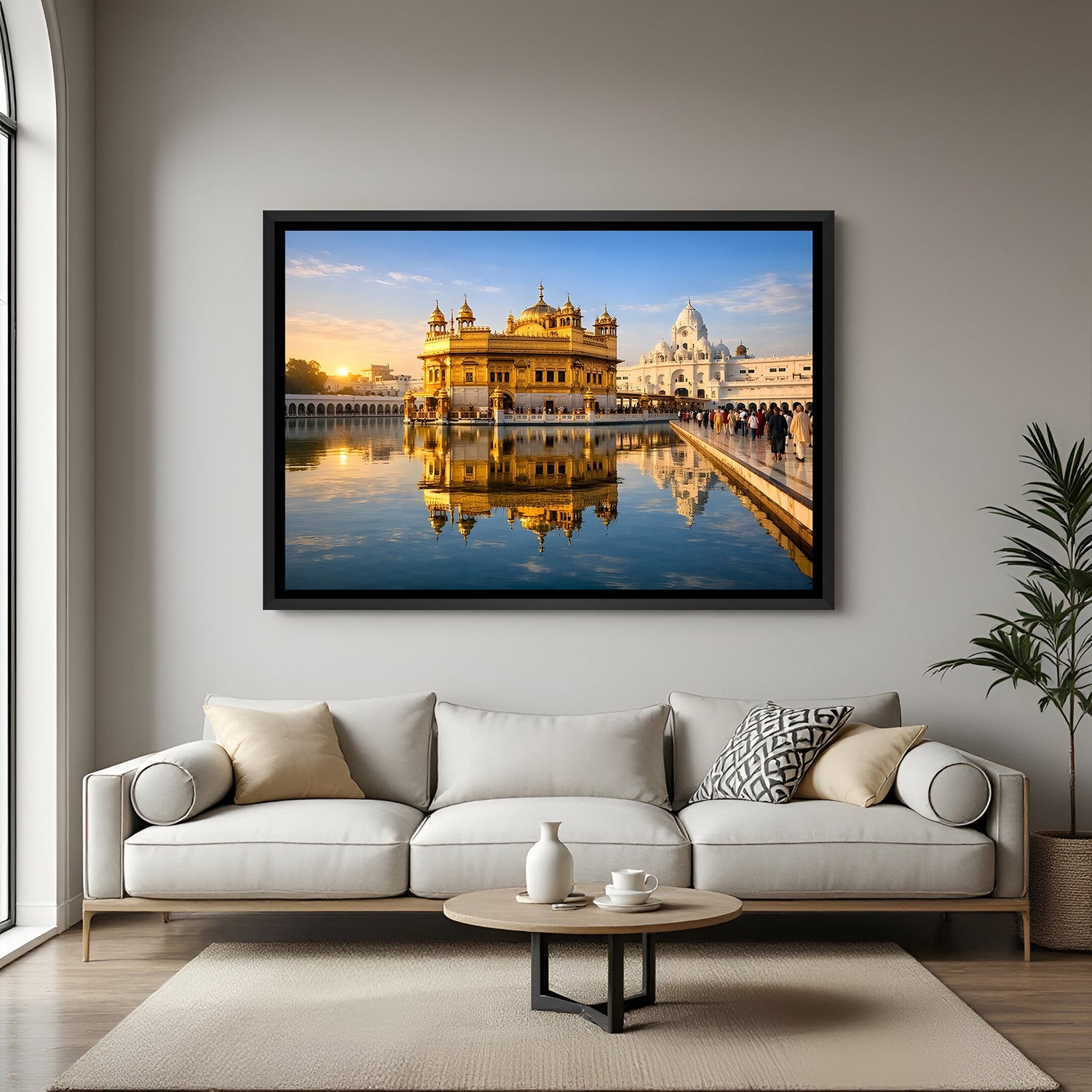 Glowing Golden Temple wall art in elegant black floater frame featuring brilliant golden light reflections