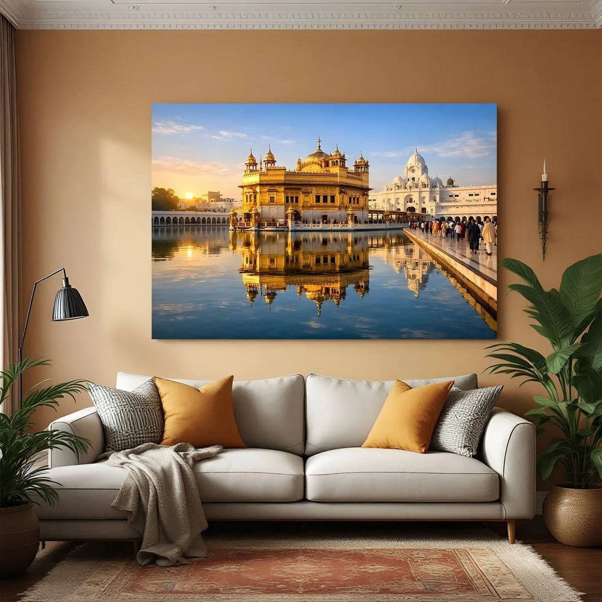 Radiant Golden Temple divine glow canvas wall art in premium canvas wrapped frame with luminous golden illumination