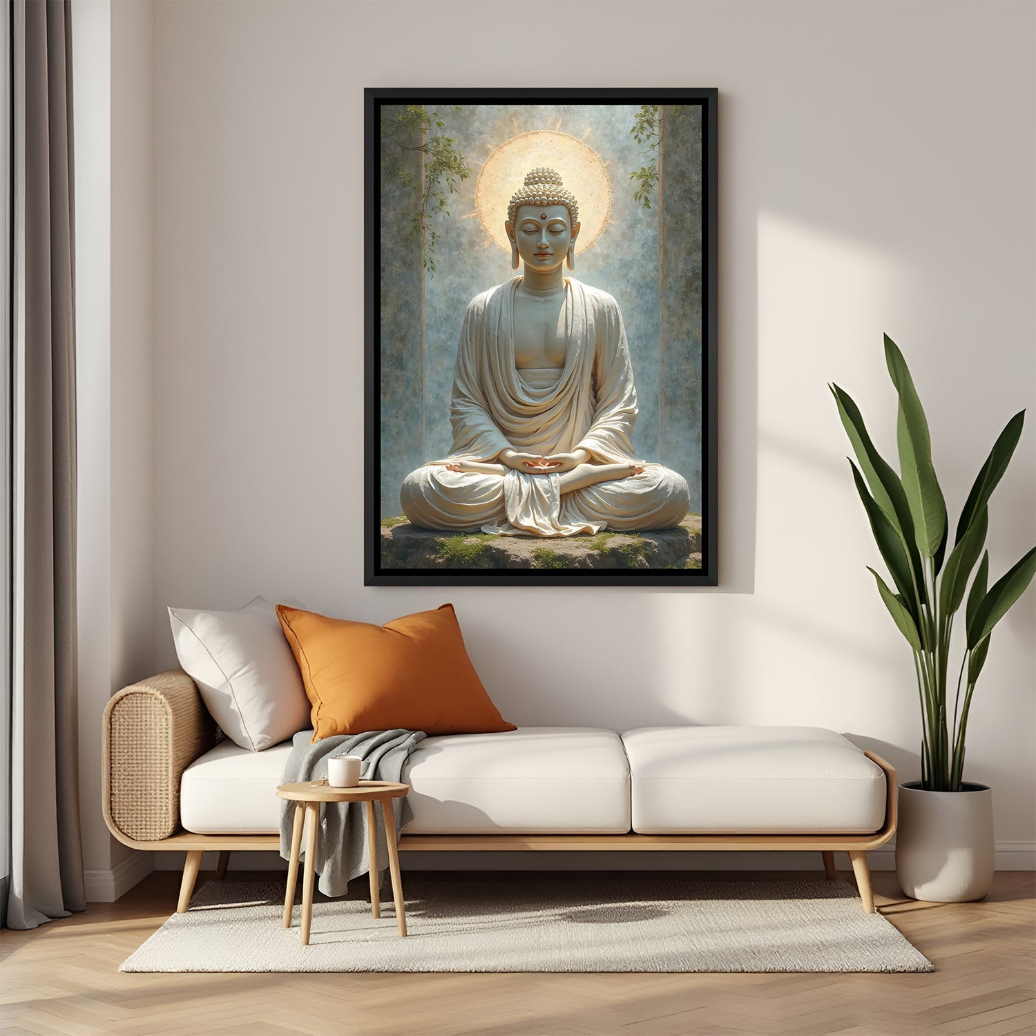 Modern Buddha halo canvas artwork in black frame with serene color palette.