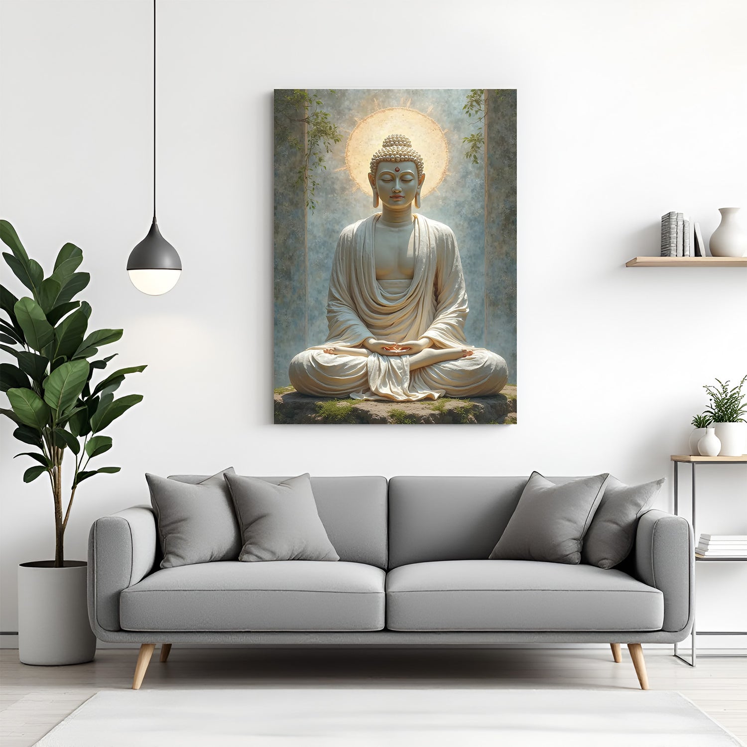 Vertical Buddha meditation wall art with glowing golden halo and soft tones.