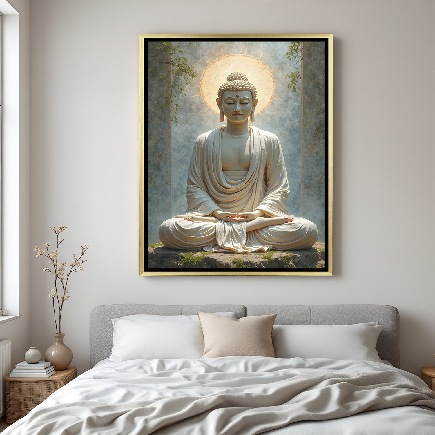 Elegant Buddha meditation wall art in white frame with radiant halo effect.