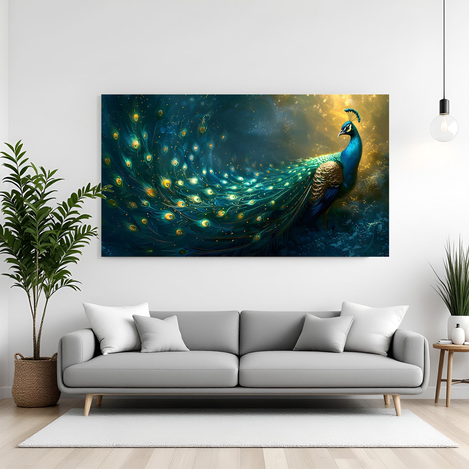 Canvas-wrapped panoramic peacock artwork with flowing teal and emerald feathers glowing under warm golden light, displayed above a contemporary grey sofa.
