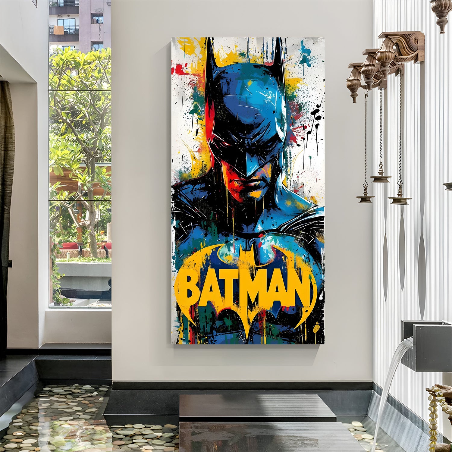 Batman aggressive face canvas wall art in premium canvas wrapped frame with intense superhero portrait
