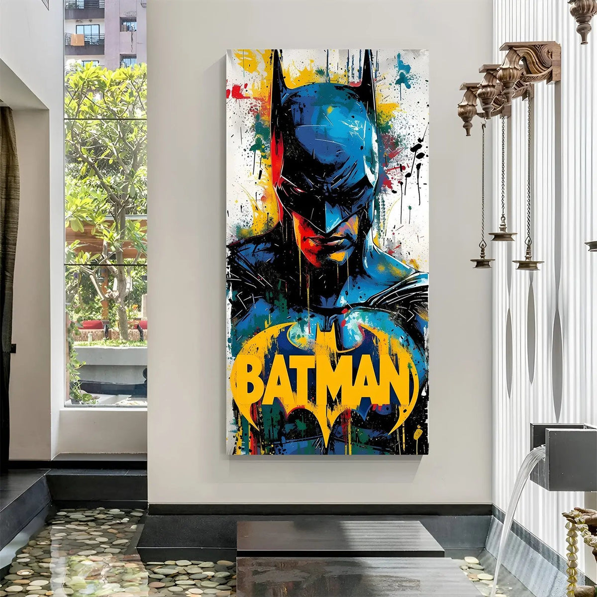 Batman aggressive face canvas wall art in premium canvas wrapped frame with intense superhero portrait