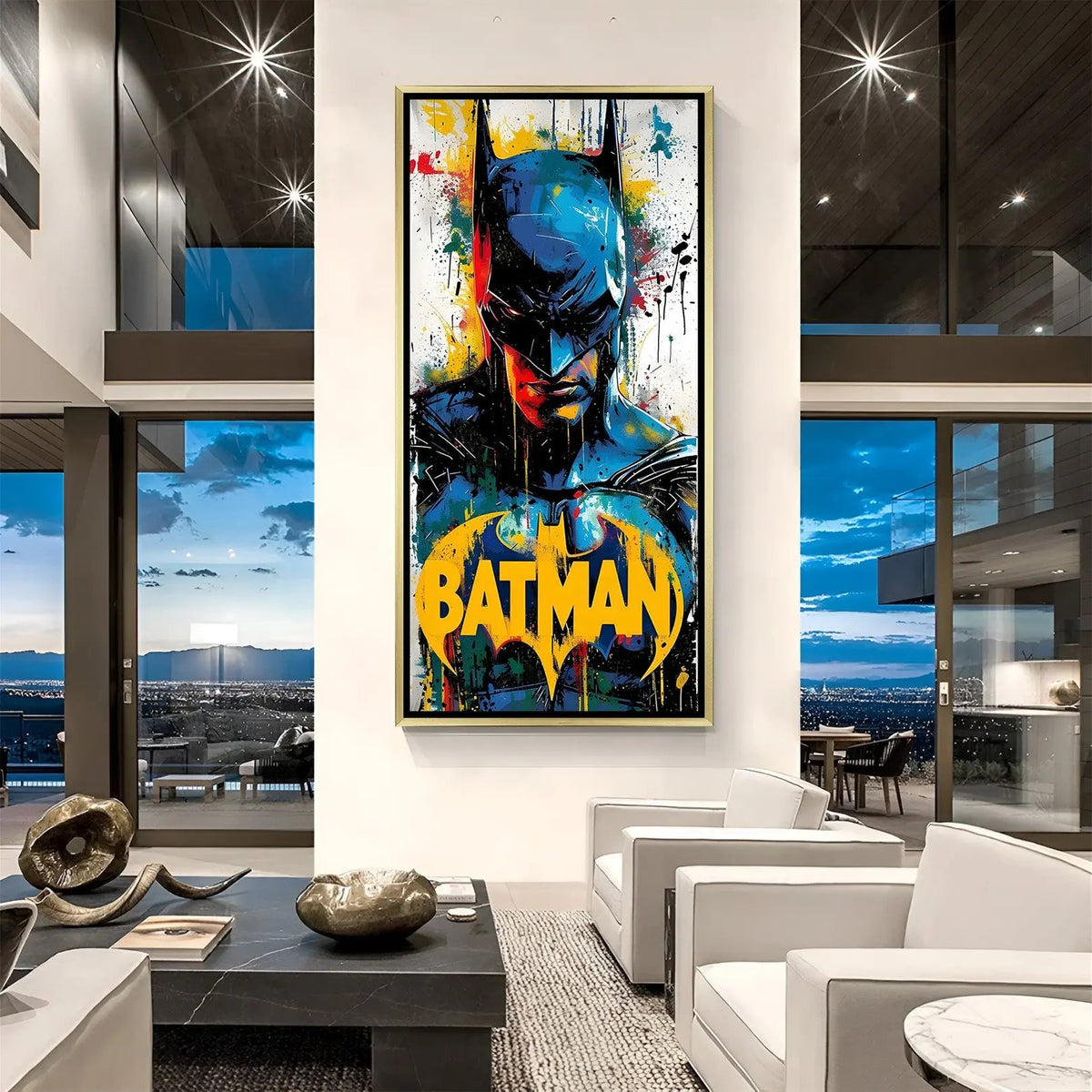 Luxury Batman aggressive portrait canvas artwork in golden floater frame with powerful superhero aesthetic