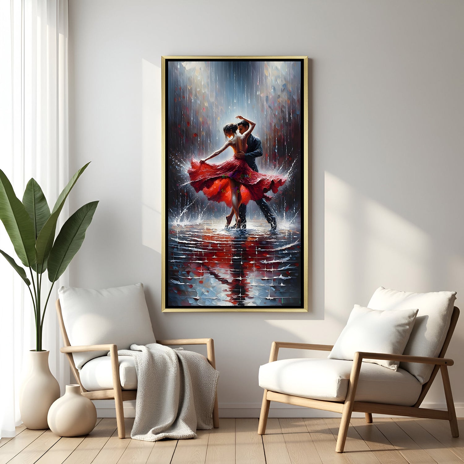 Luxury rainy dance canvas artwork in golden floater frame featuring romantic couple and modern artistic scenery