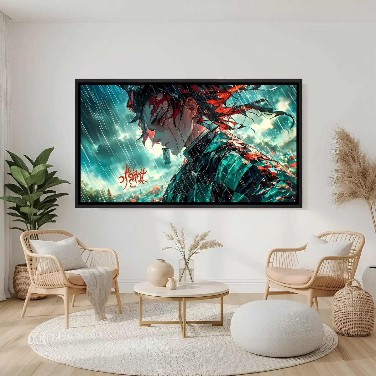 Tanjiro crying in rainy weather anime artwork in elegant black floater frame with emotional character portrait