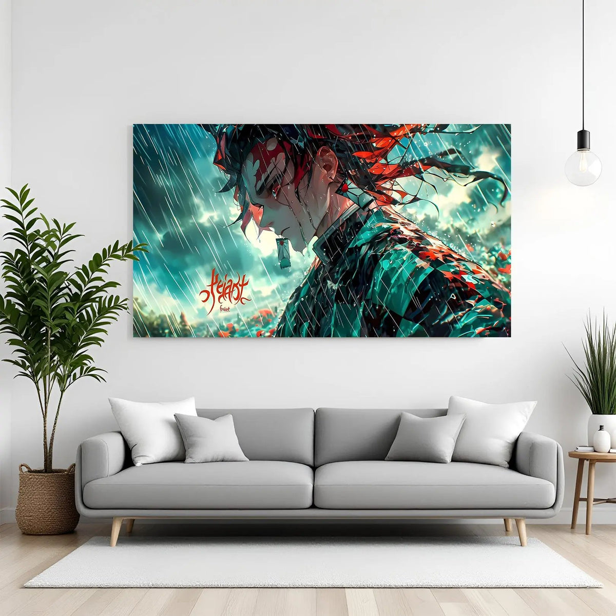 Tanjiro emotional anime canvas wall art standing in rain with tears and dramatic cinematic atmosphere
