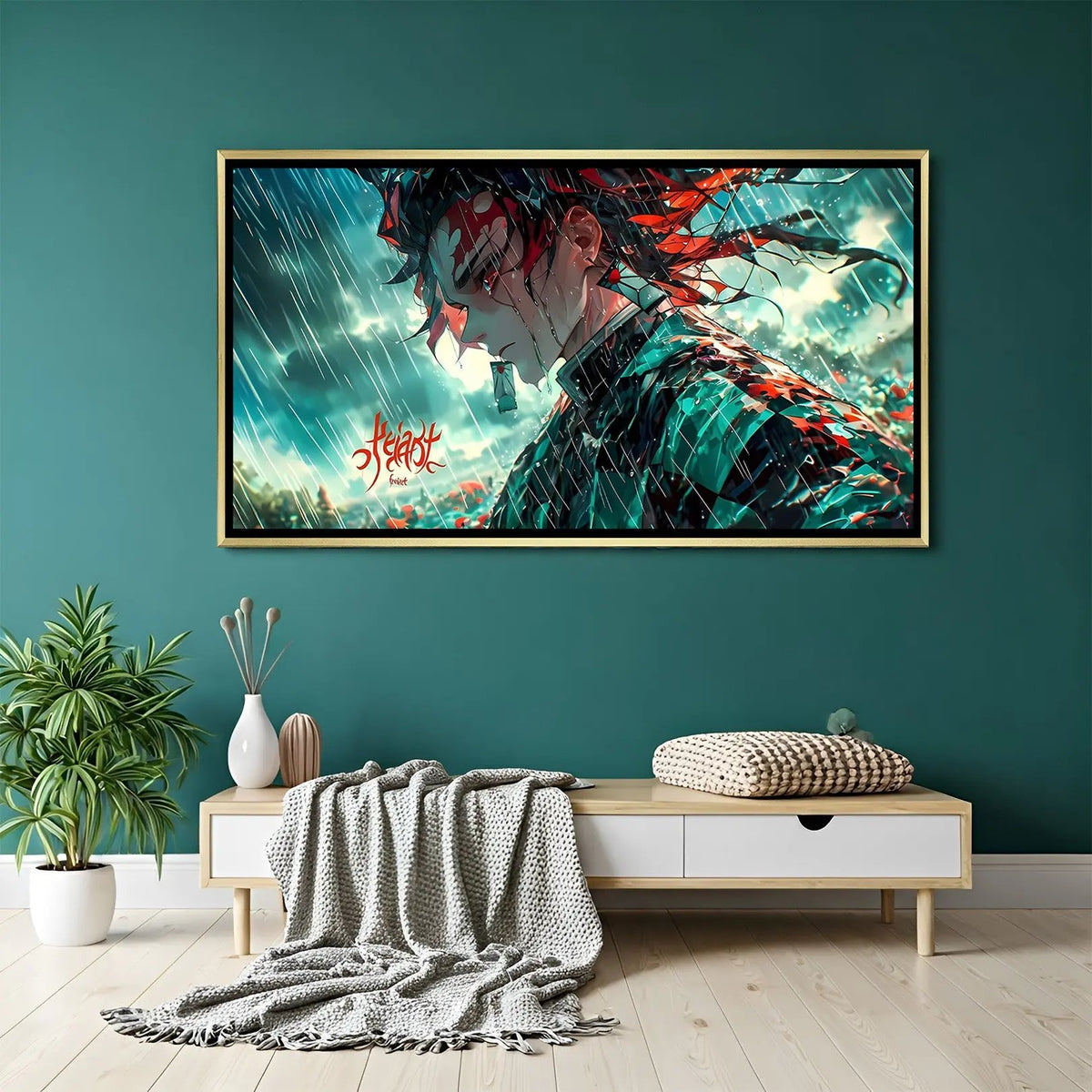 Luxury Tanjiro emotional anime canvas artwork in golden floater frame featuring rain-soaked cinematic scene