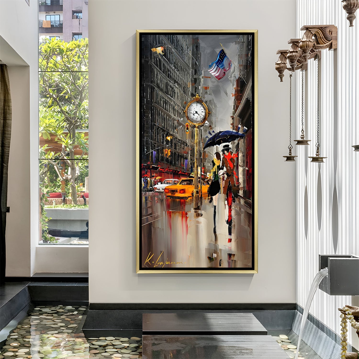 Luxury rainy city canvas artwork in golden floater frame featuring couple walking with umbrella in modern cityscape