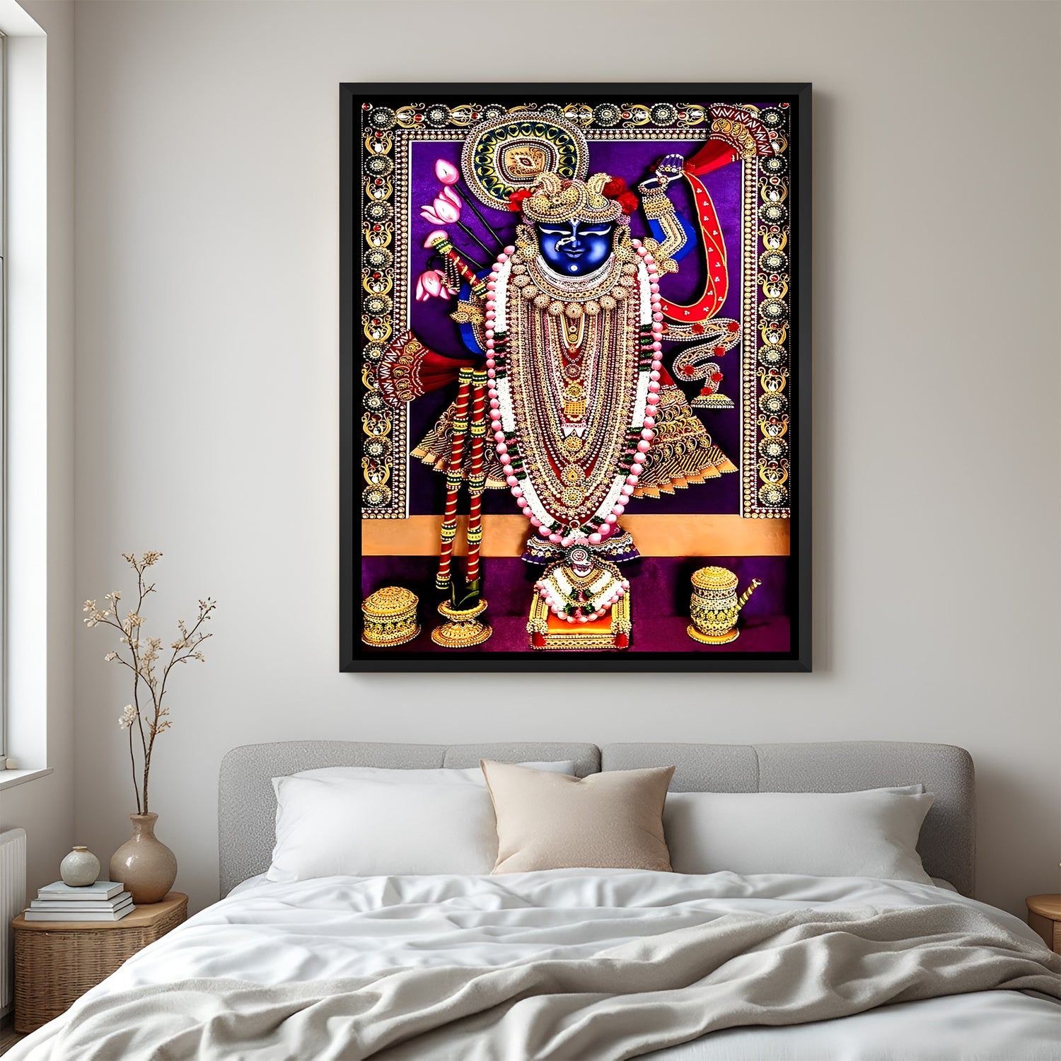 Royal Shreenathji painting with jewel-inspired detailing in elegant black floater frame