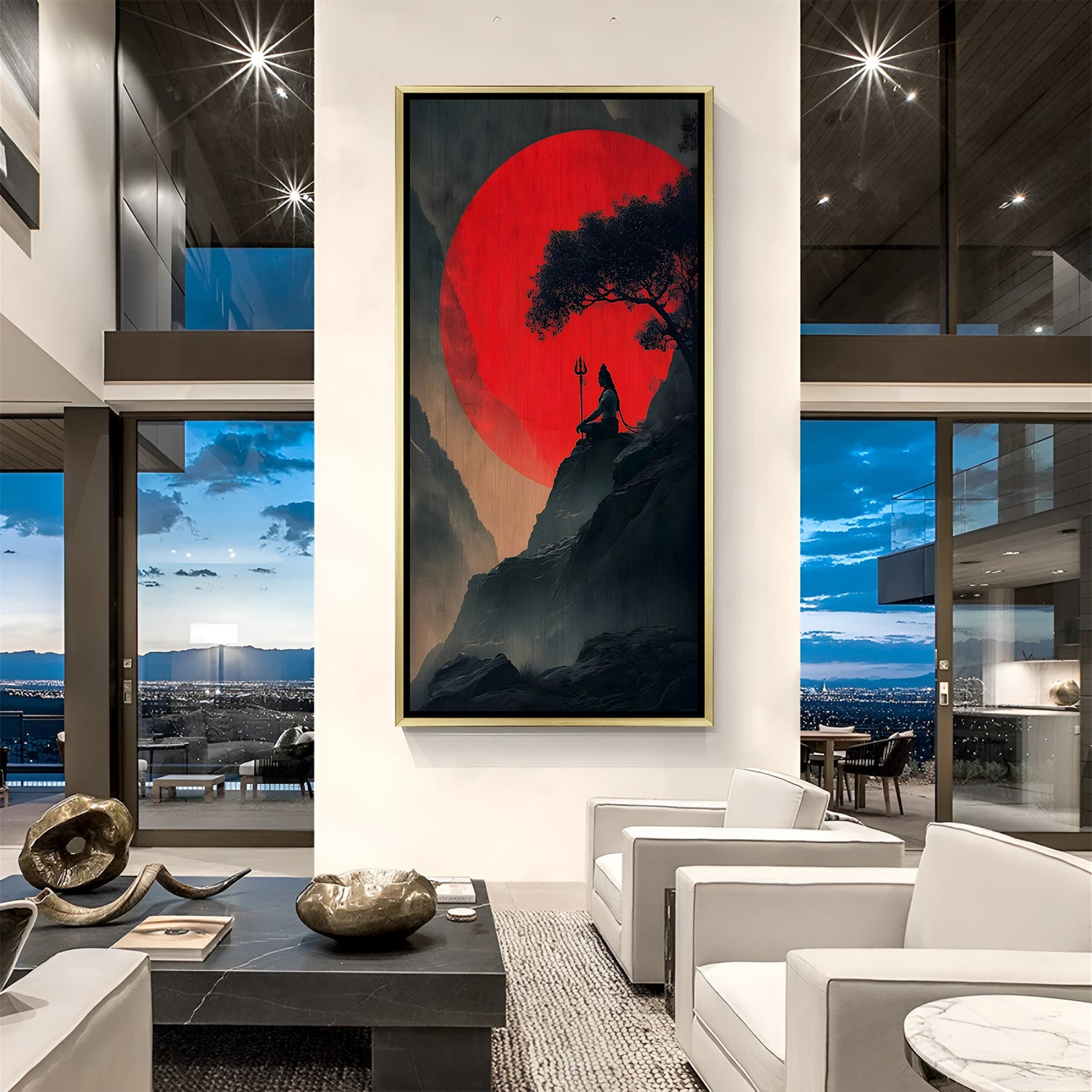 Lord Shiva meditation canvas painting with glowing red moon in luxurious golden floater frame