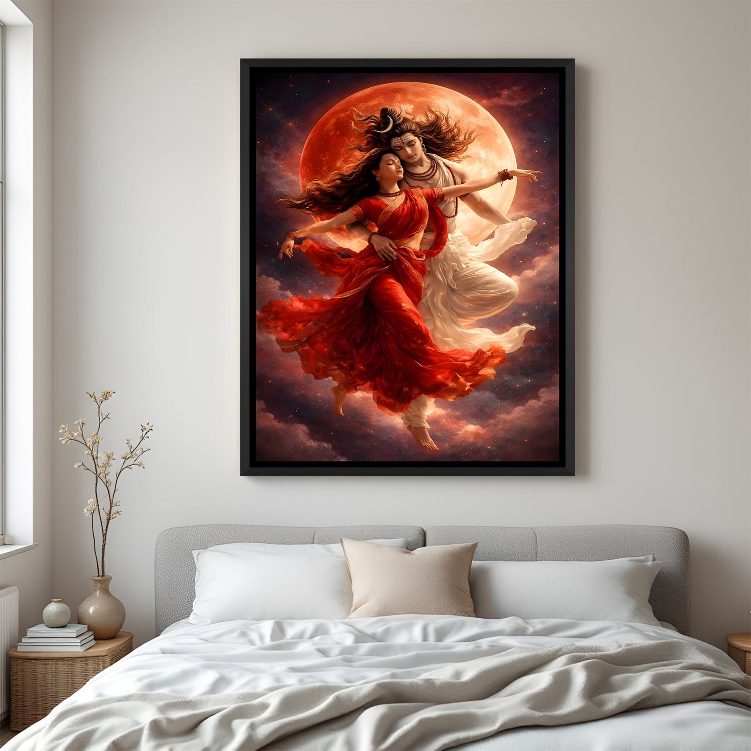 Shiv Shakti divine couple artwork with red moon backdrop in elegant black floater frame