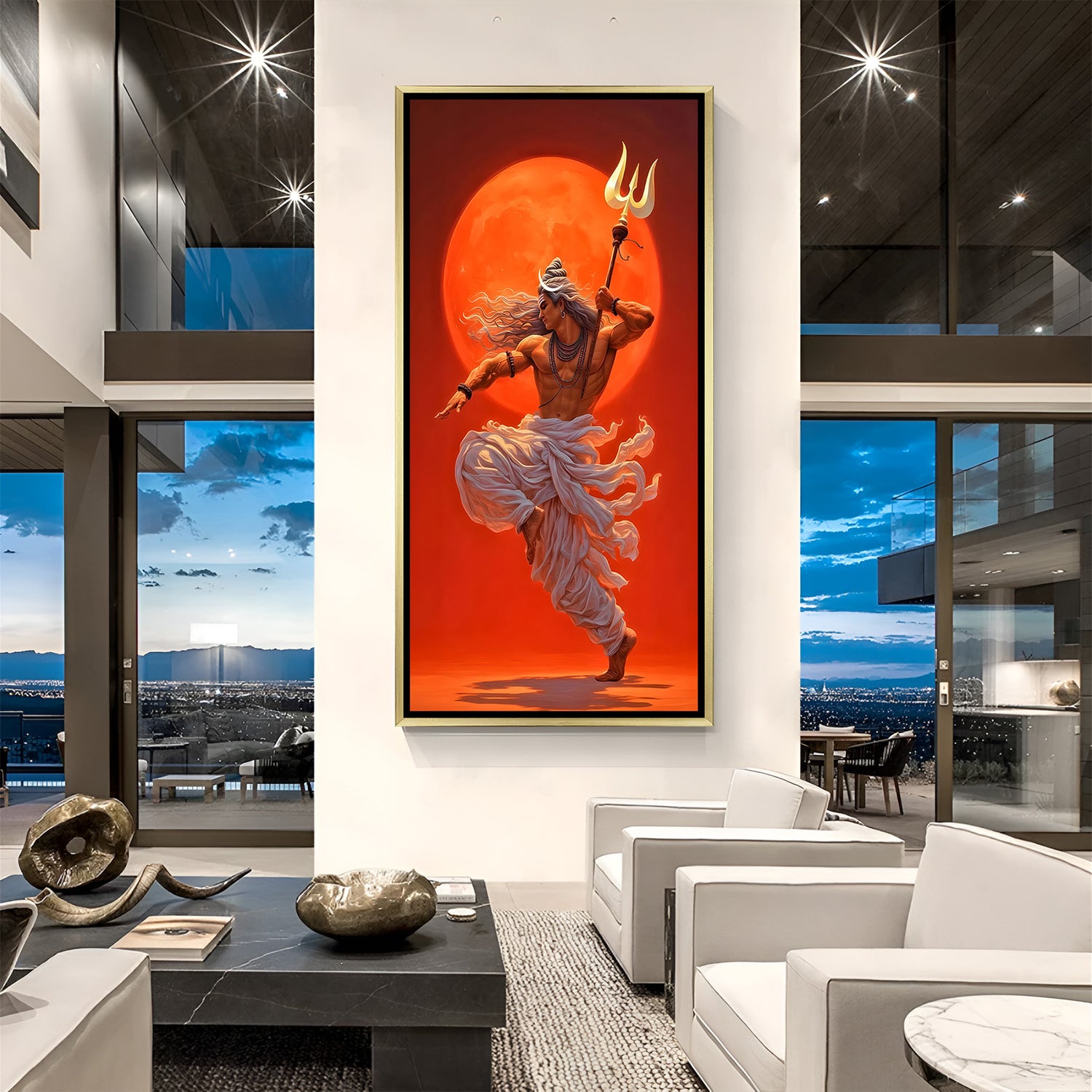 Lord Shiva cosmic dance canvas painting with a glowing red moon in luxurious golden floater frame