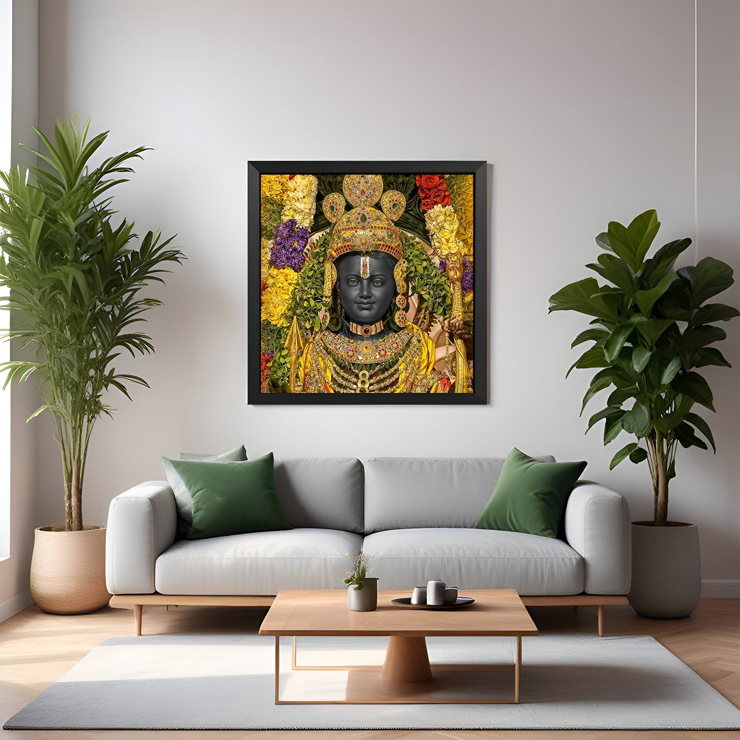 Ram Lalla painting in black floater frame for pooja room, radiating calmness, devotion, and vastu-aligned sacred energy for peaceful interiors