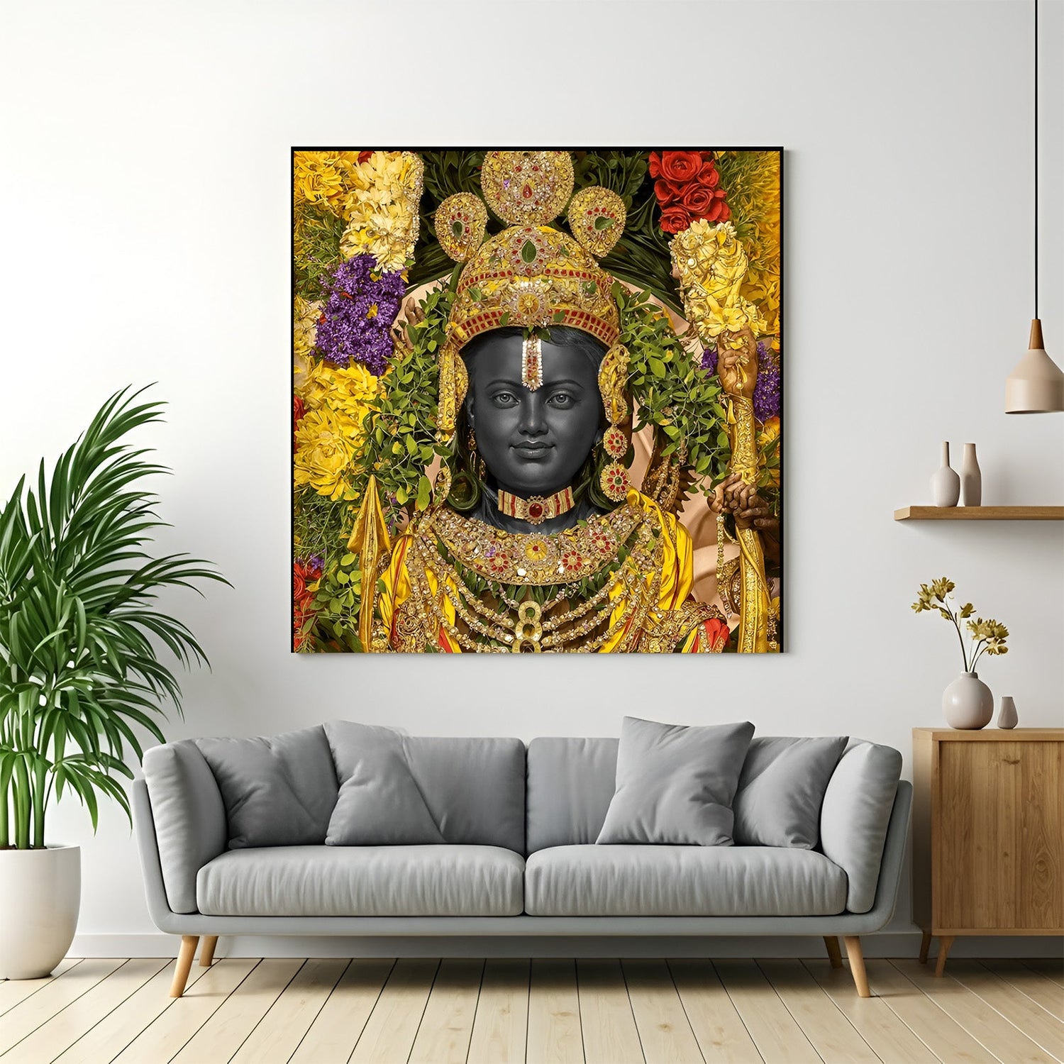 Ram Lalla canvas wall art with vastu blessings for pooja room, featuring divine child energy, spiritual peace, and traditional Indian symbolism