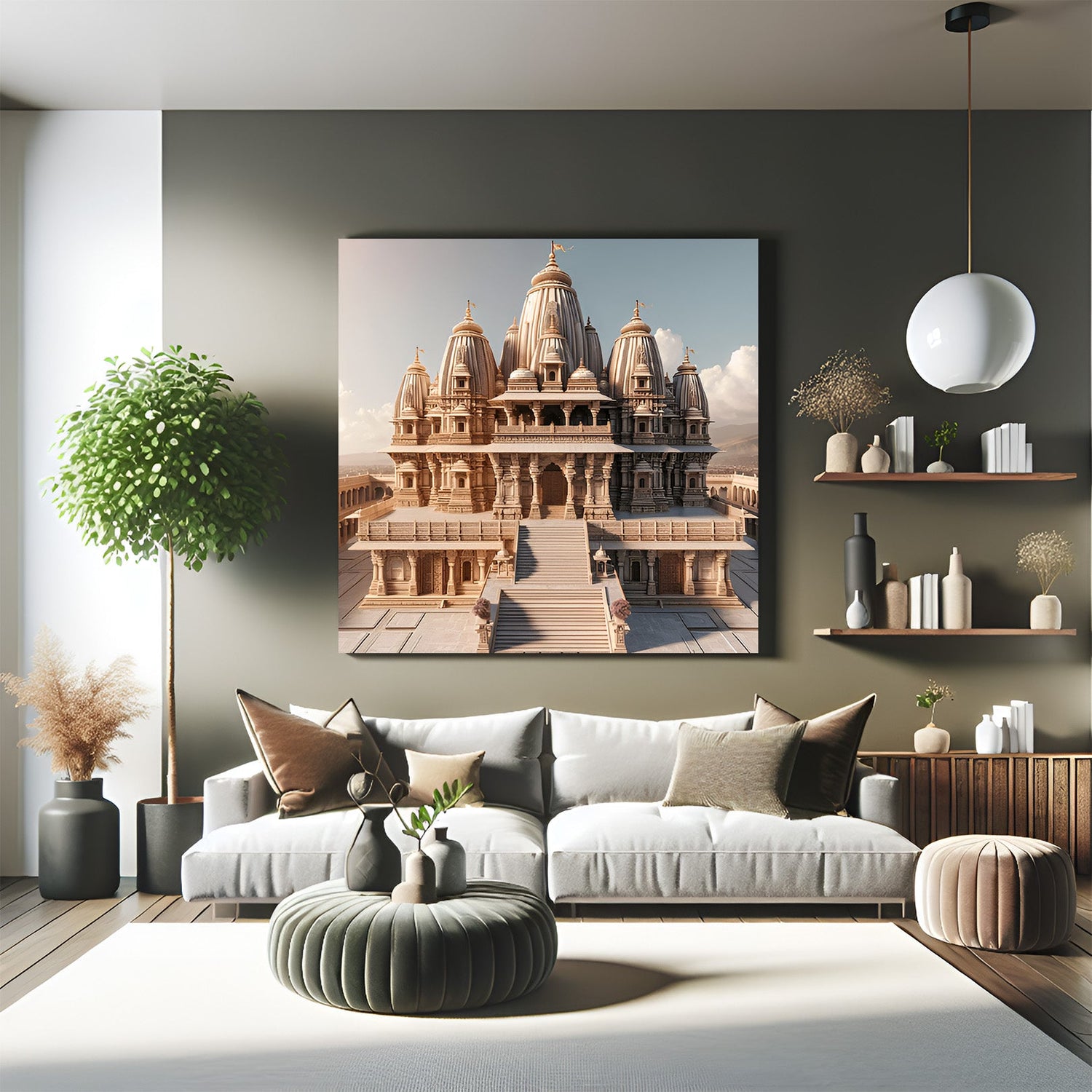 Ram Mandir canvas wall art painting for home and office decor, symbolizing divine strength, faith, and positive spiritual energy as per Vastu