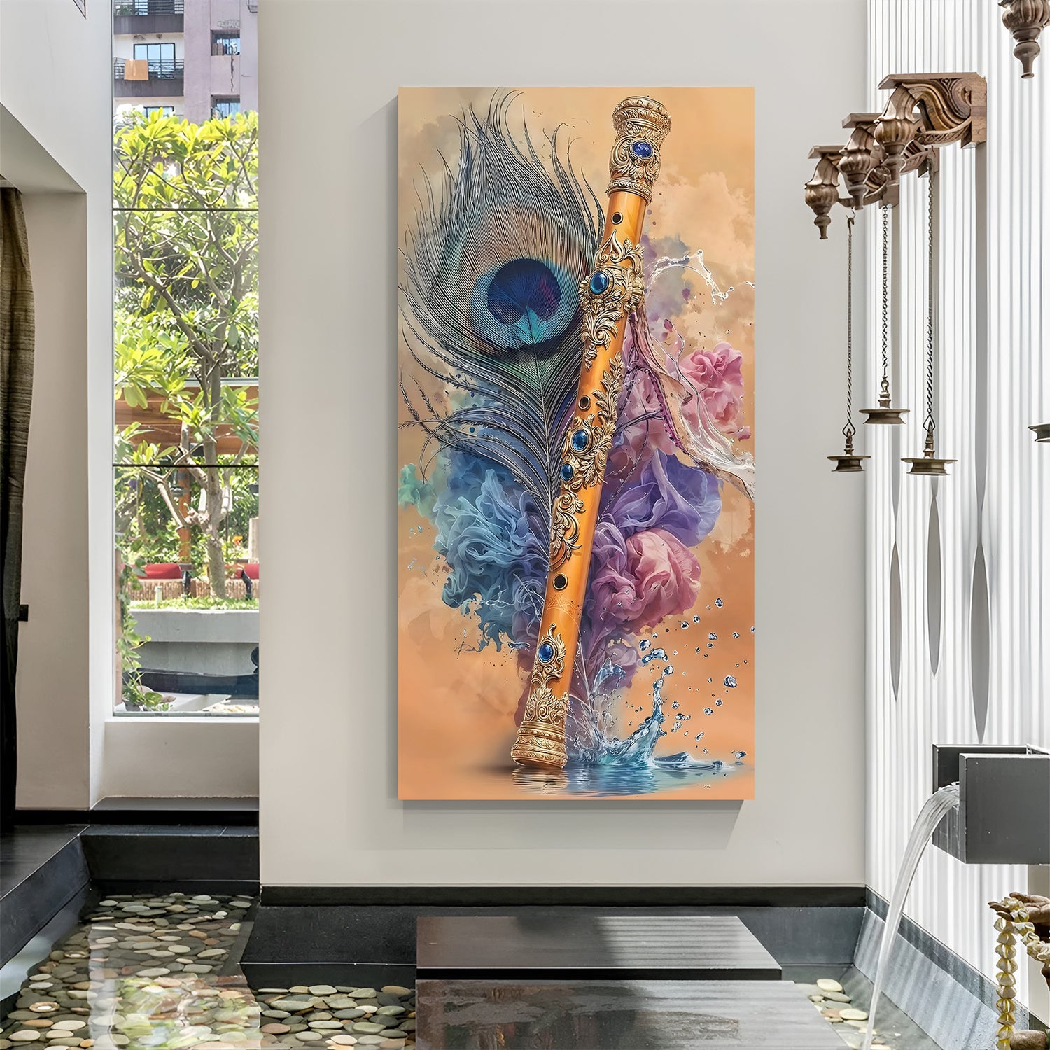 Golden bansuri adorned with blue gemstones and peacock feather in premium canvas wrapped frame