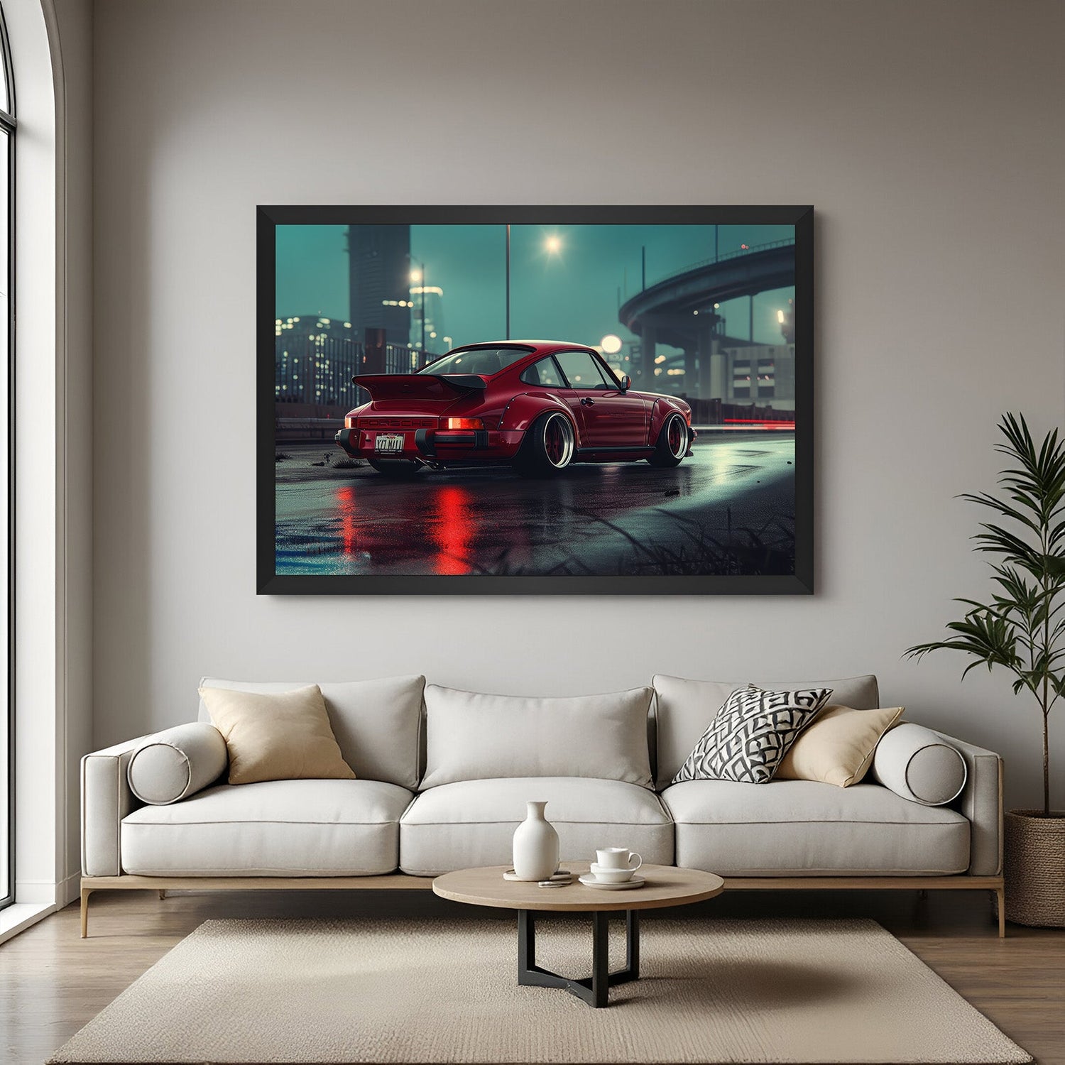 Black frame version of cinematic red car wall art, showcasing moody nighttime lighting and speed for bold and modern room decor