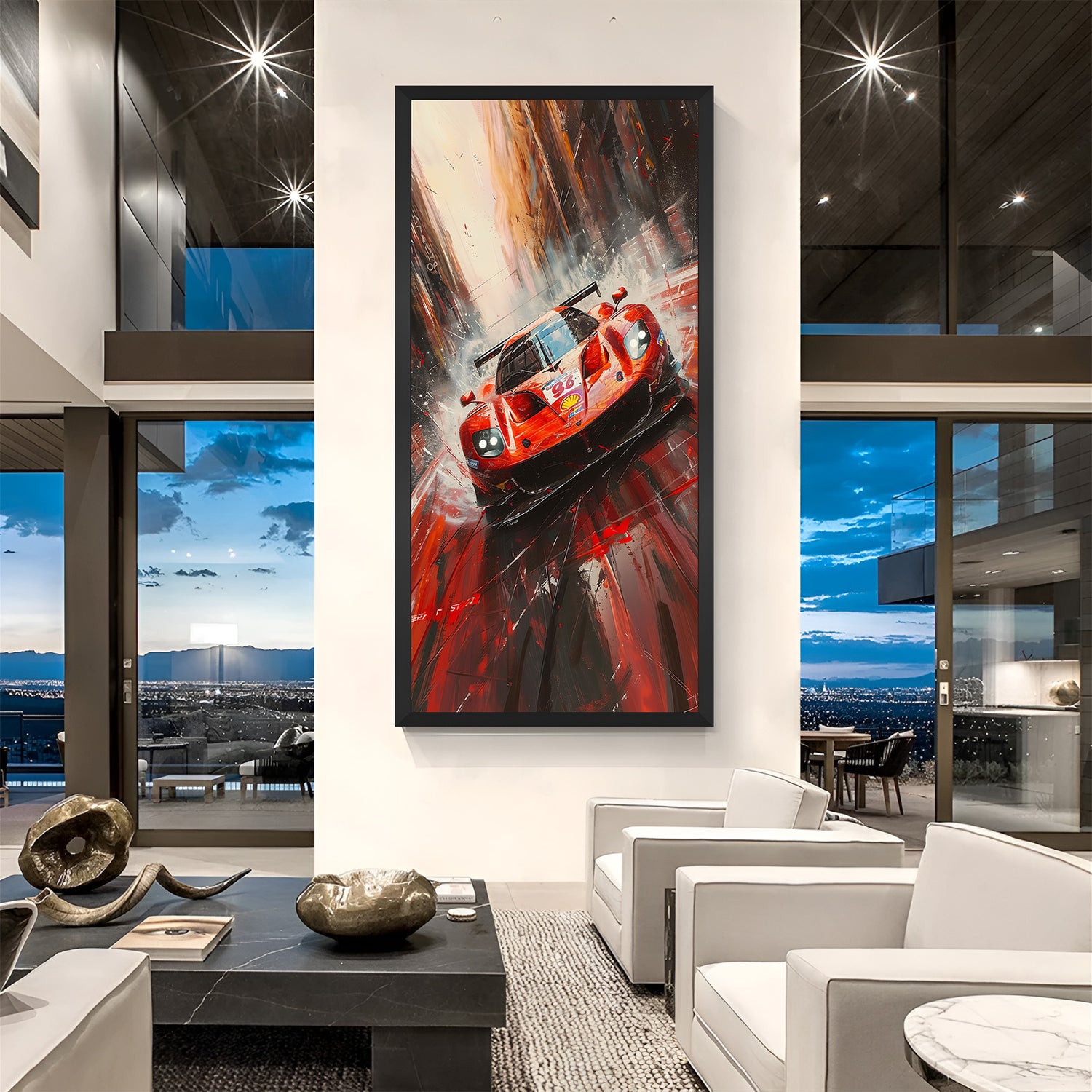 Canvas wall art of fast red car splashing water in black floater frame, ideal for modern workspaces and car enthusiast rooms