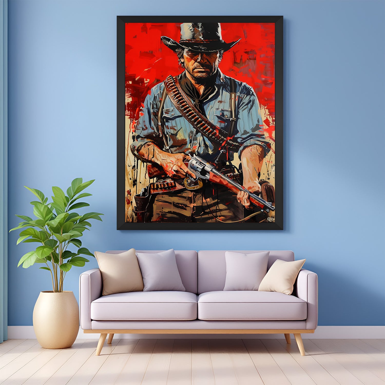 Black-framed Red Dead Redemption canvas featuring John Marston in modern painted style—perfect for game rooms and masculine interior decor