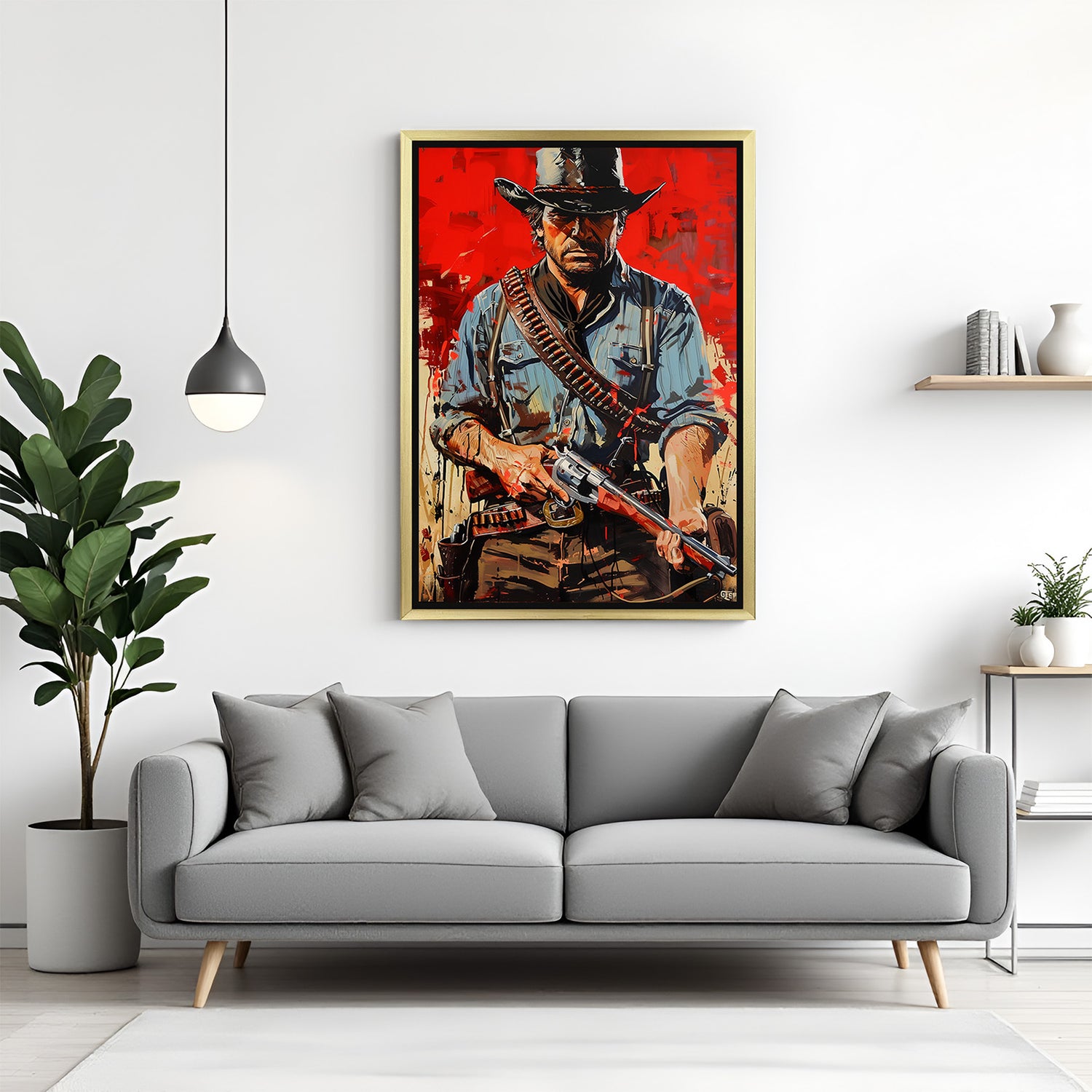 Golden-framed modern art print of John Marston from Red Dead Redemption—cinematic wall decor for fans of Western games and bold statement pieces