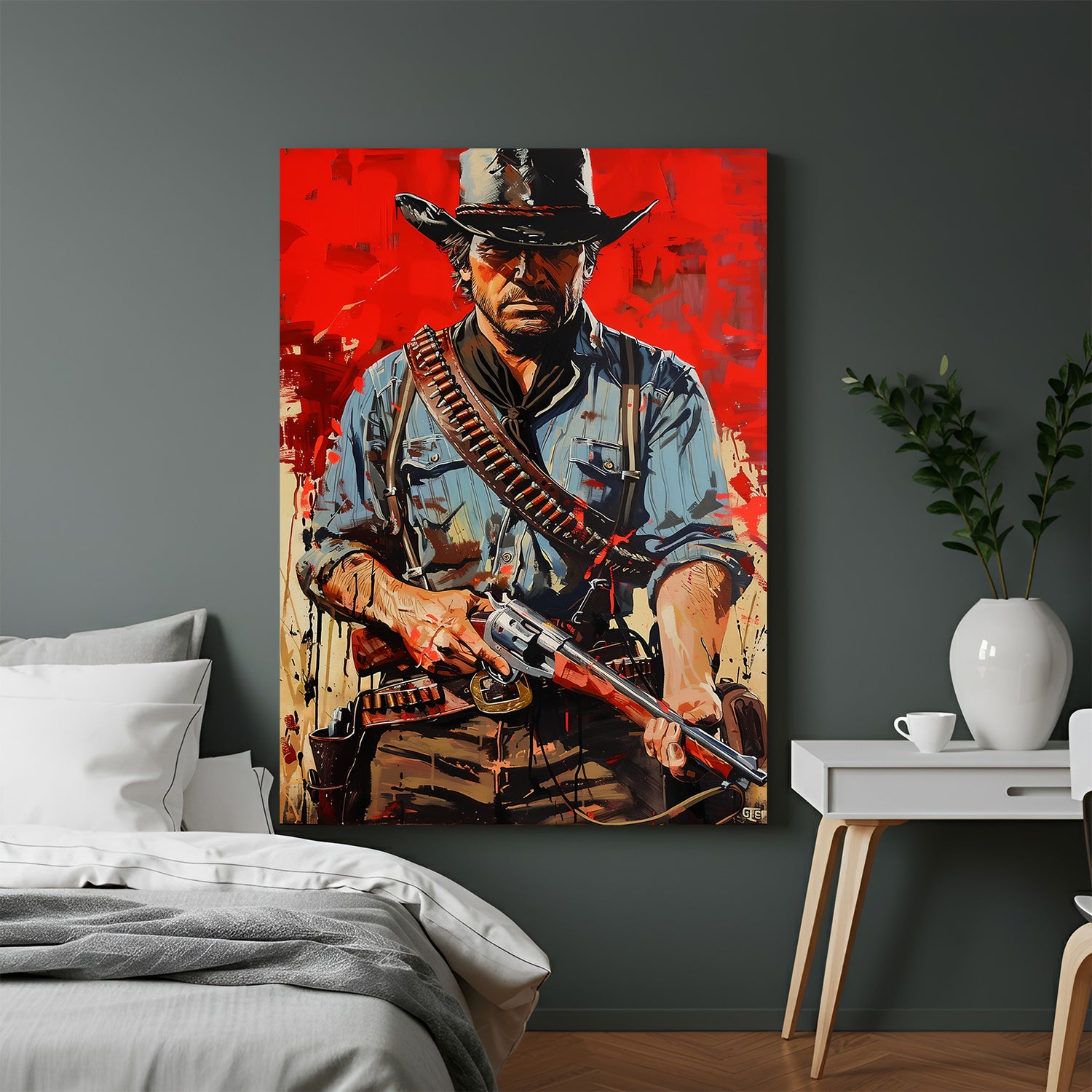 Modern poster-style canvas of John Marston from Red Dead Redemption—bold cinematic art piece for Western lovers and game-themed wall decor