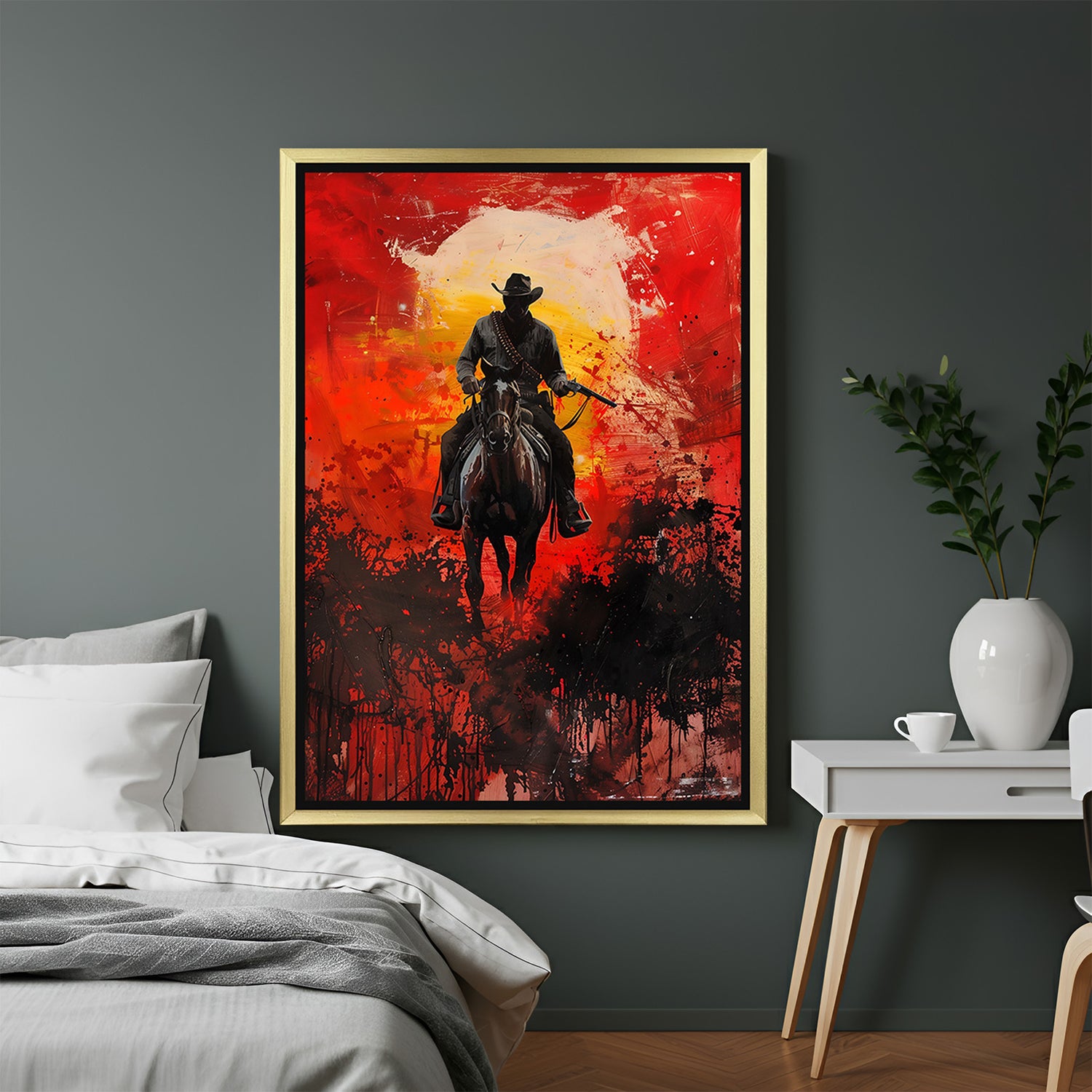 Golden-framed Red Dead Redemption modern canvas featuring poster-style wild west theme, ideal for bold, rustic, and cinematic home wall decor
