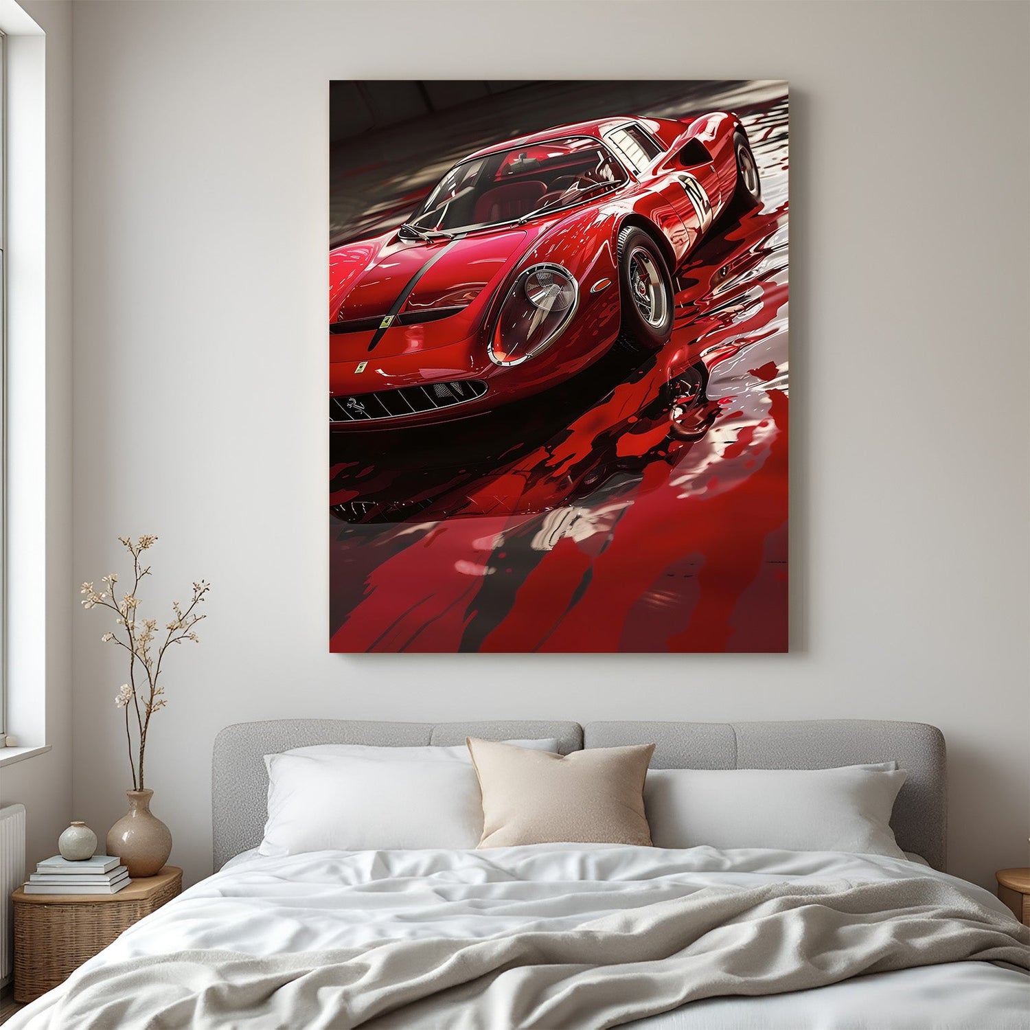Red Ferrari canvas wall art showcasing exotic sports car design, perfect for high-energy interiors and car-themed spaces