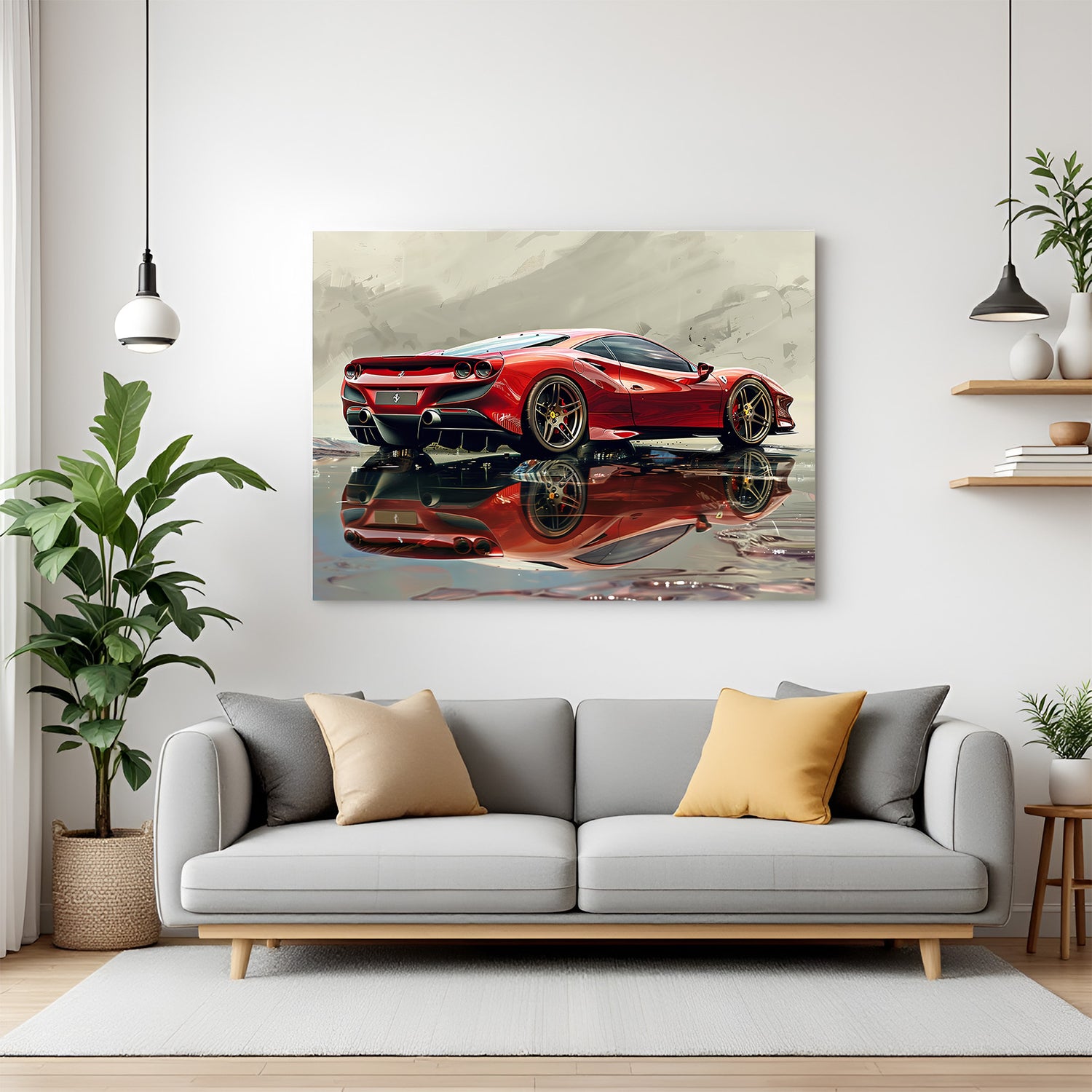 Red Ferrari hot shot canvas wall art featuring exotic car styling for premium spaces and car-inspired decor