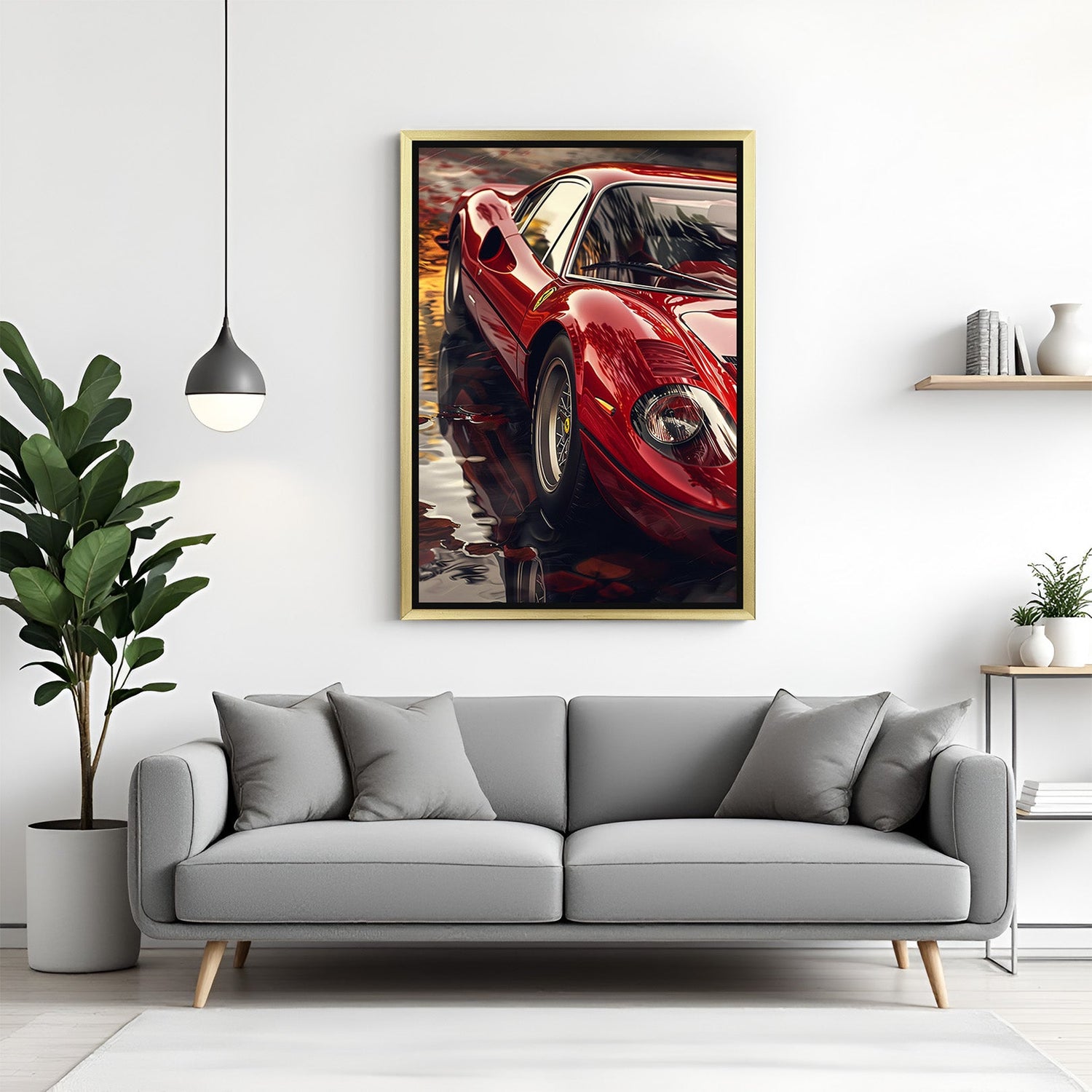 Golden frame canvas of red hot Ferrari racing forward, great for premium home decor and car enthusiasts