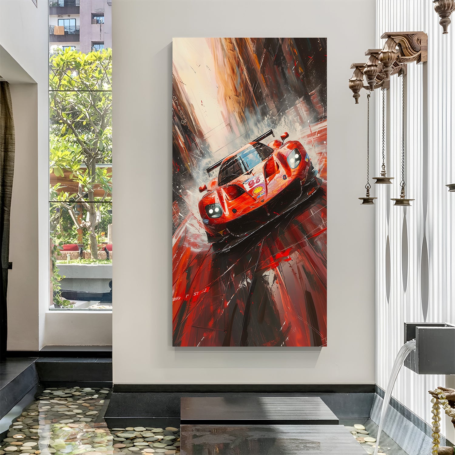 Red car speeding through water captured in high-action canvas wall art, perfect for car-themed interiors and energetic decor