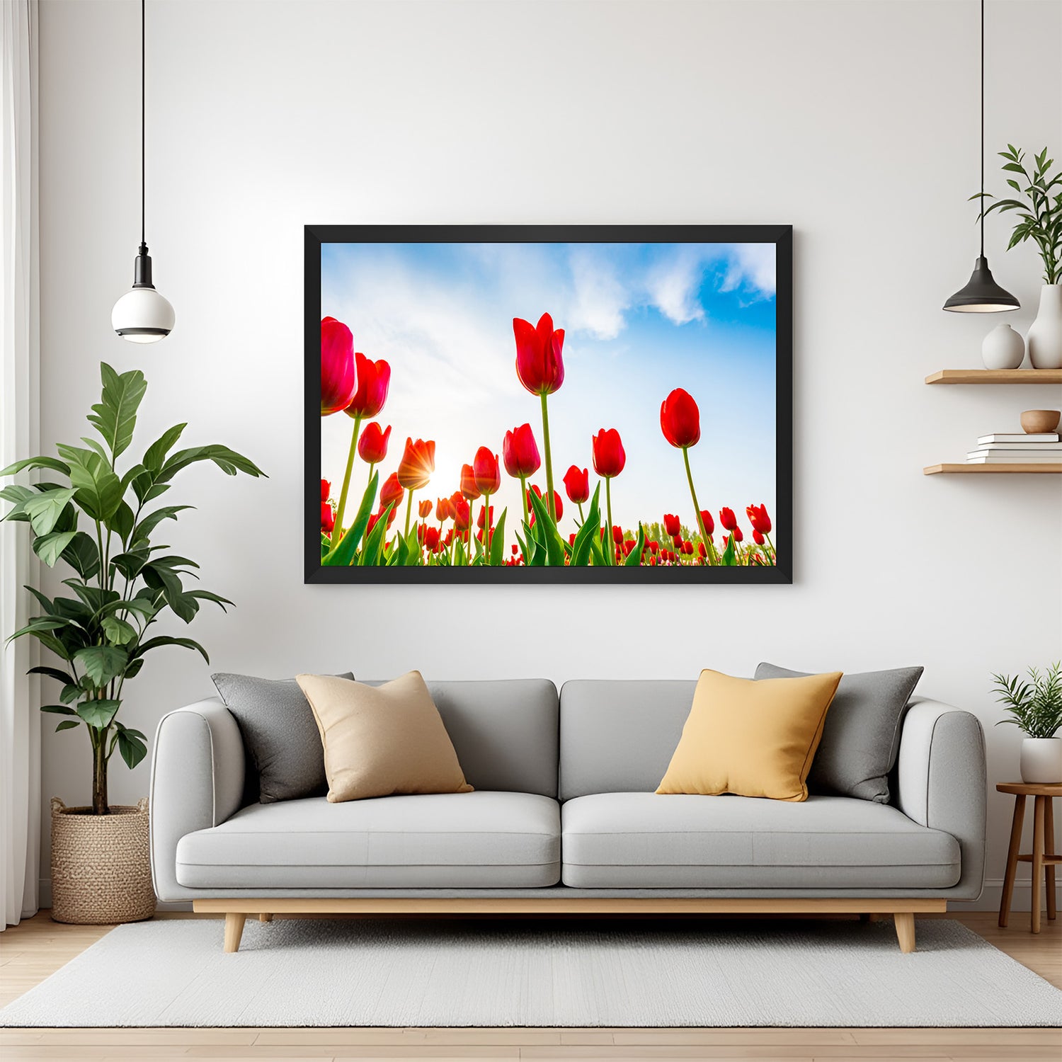 Framed canvas of a red tulip landscape with black floater frame, ideal for dramatic and colorful modern interiors