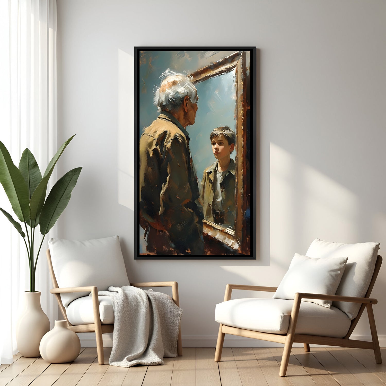 Modern emotional artwork of old man and young reflection in black floater frame with symbolic artistic storytelling