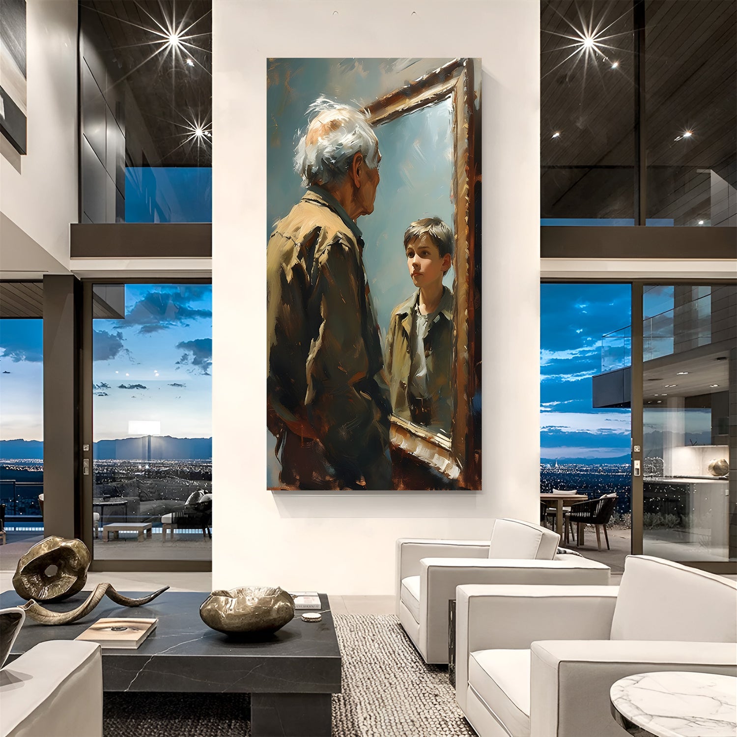 Old man seeing young boy reflection in mirror modern art canvas wall painting in premium canvas wrapped frame