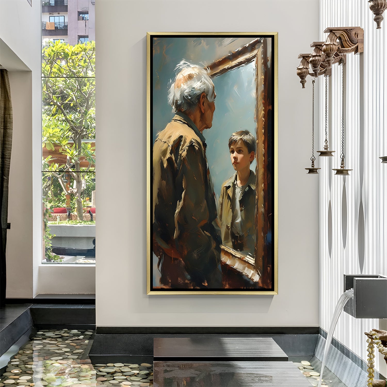 Luxury modern canvas art featuring old man seeing his younger self in mirror with elegant golden floater frame