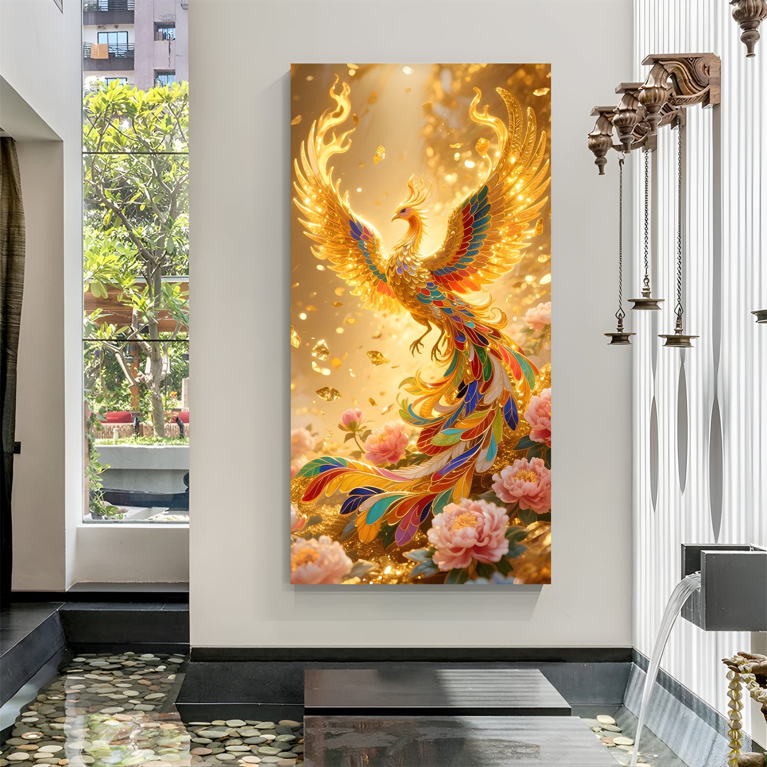 Vertical golden phoenix wall art with colorful jewel-toned feathers and blooming flowers at the base.